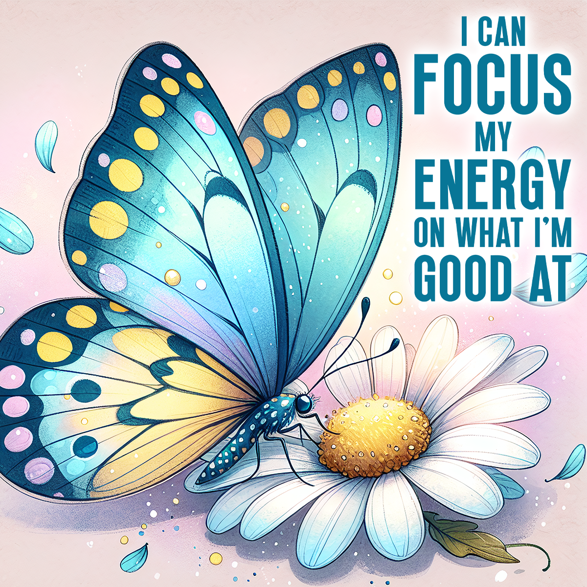 Large blue and yellow butterfly rests on a white daisy with inspirational text.