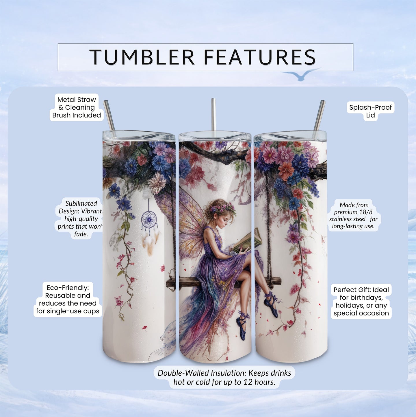Fairy reading on swing, floral design, metal straw, and cleaning brush included.