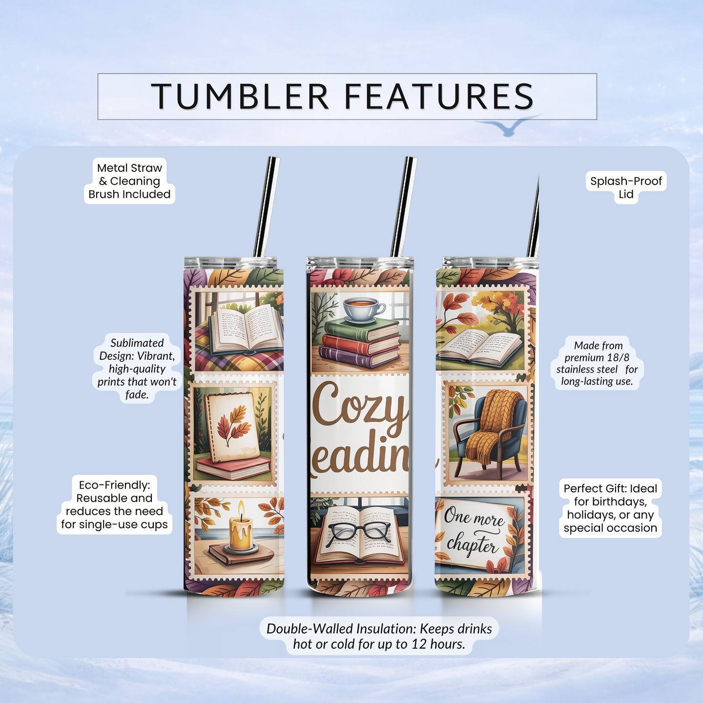 fall books tumbler cozy reading aesthetic drinkware