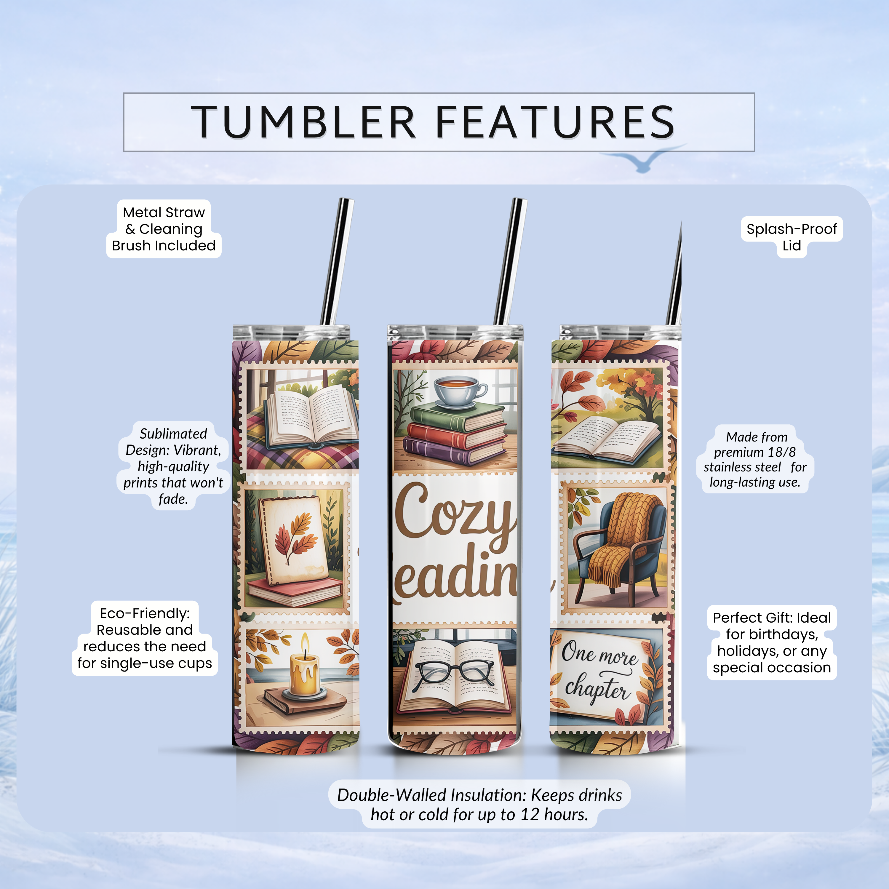 fall books tumbler cozy reading aesthetic drinkware