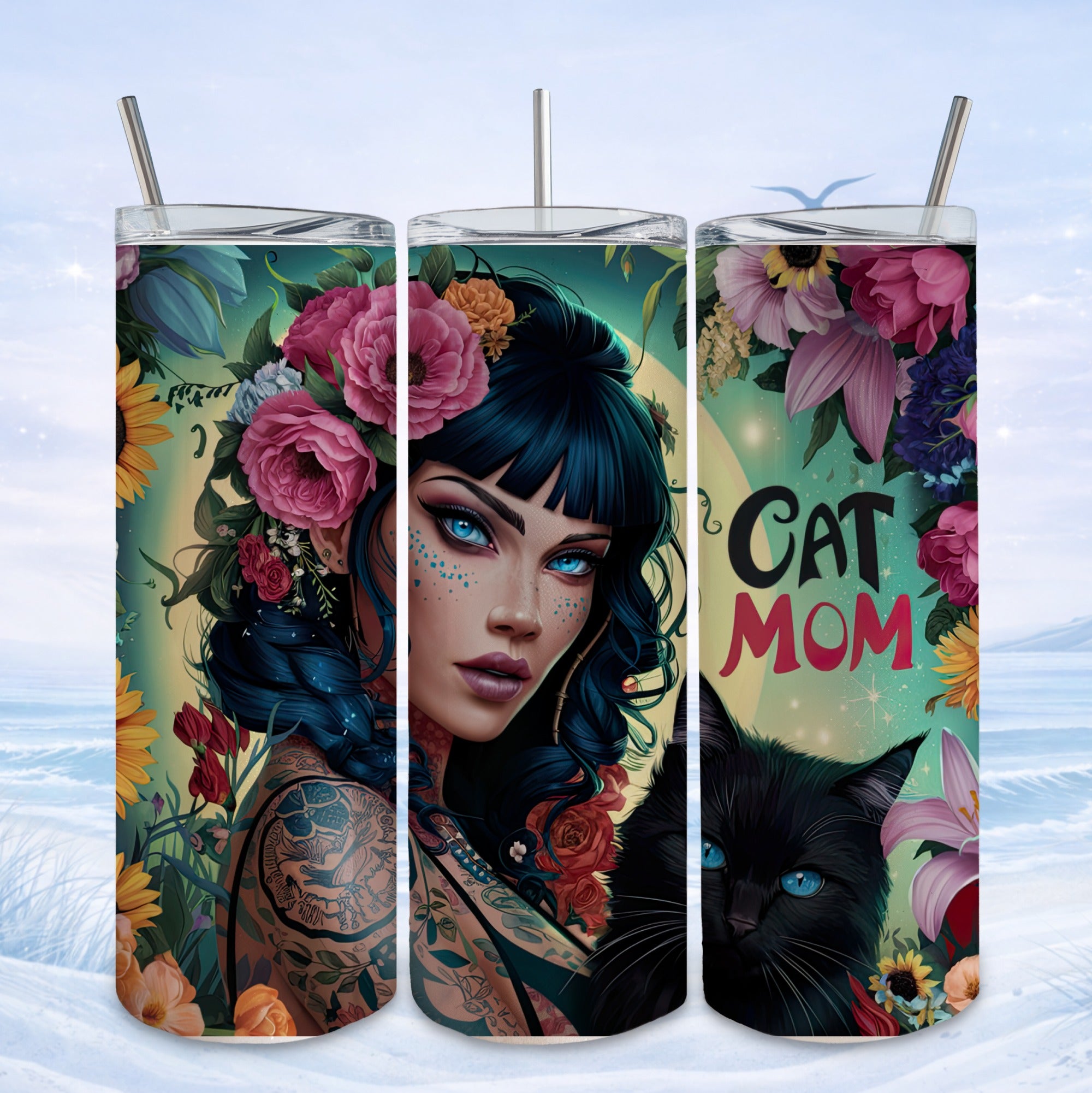 Tattooed woman with blue eyes and flowers, with "CAT MOM" text and black cat.