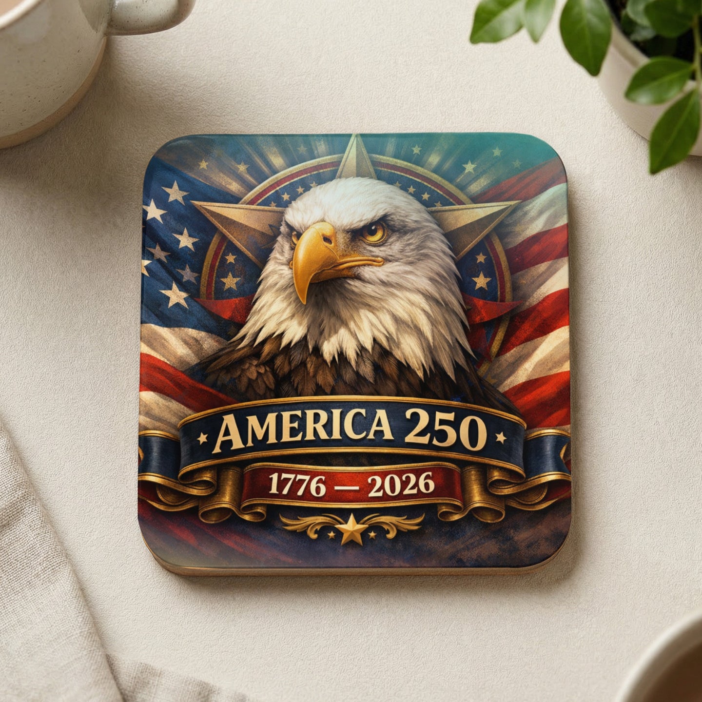 Coaster with bald eagle, American flag, and "America 250 1776 - 2026".