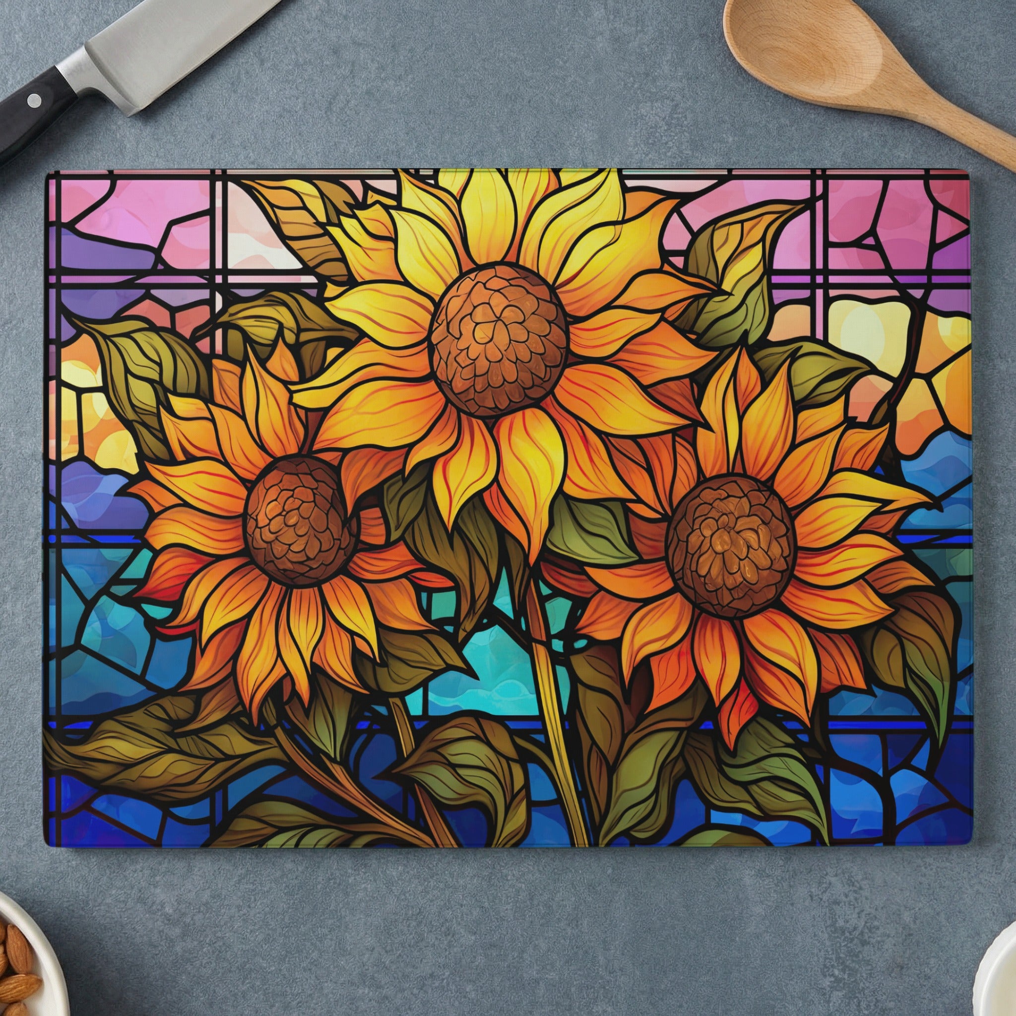 Cutting board with stained glass sunflowers against a colorful geometric background.