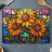 Cutting board with stained glass sunflowers against a colorful geometric background.