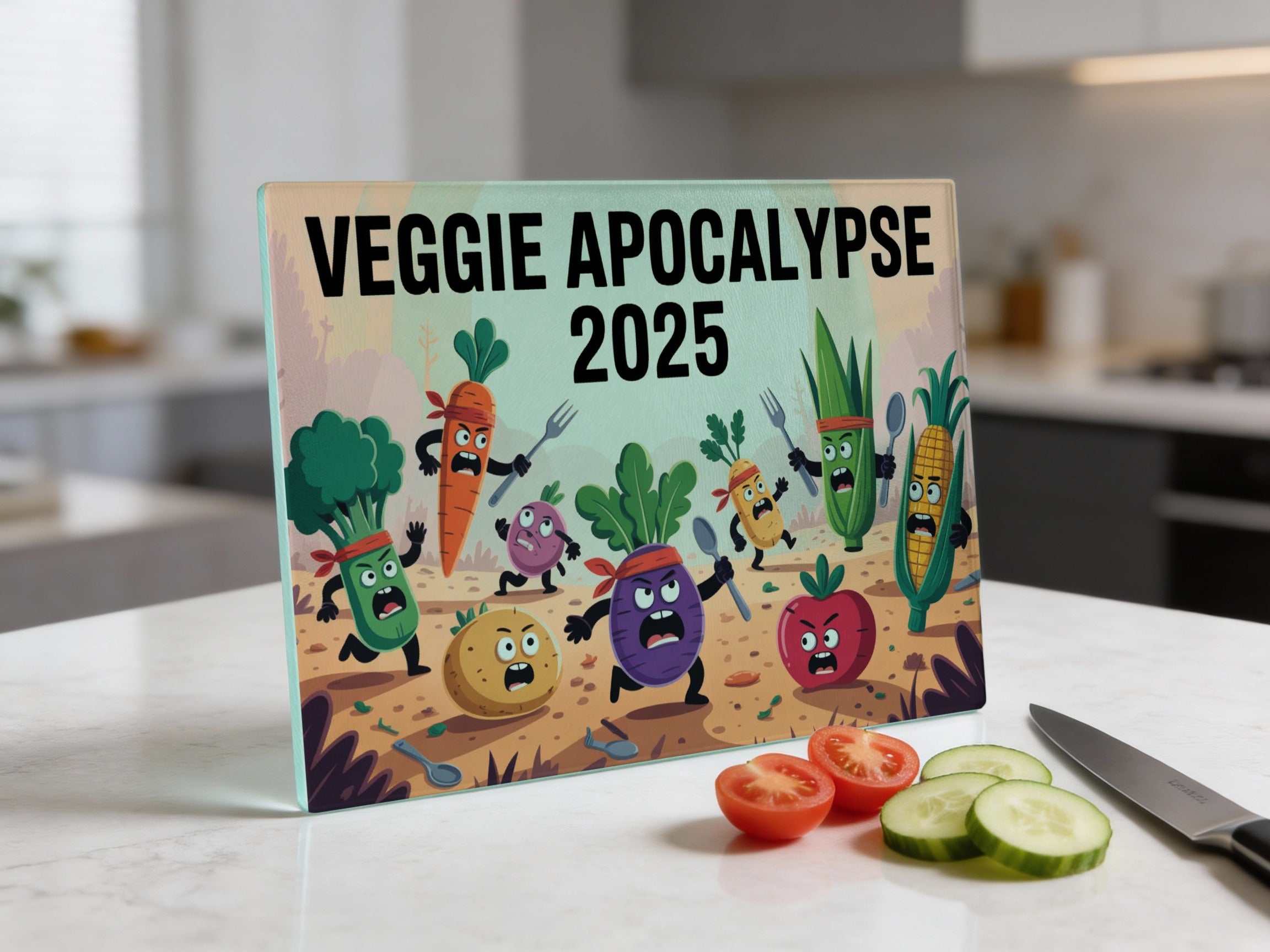 Cutting board with "VEGGIE APOCALYPSE 2025" text and cartoon vegetables.
