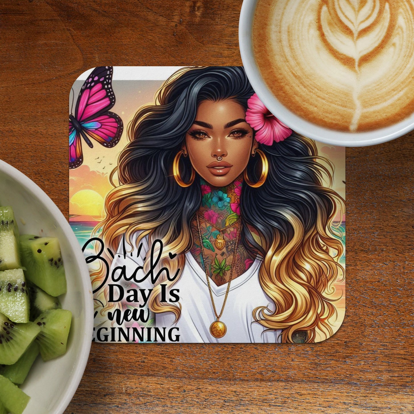 Coaster with tattooed woman and butterfly, "Bach Day Is New Beginning" text.