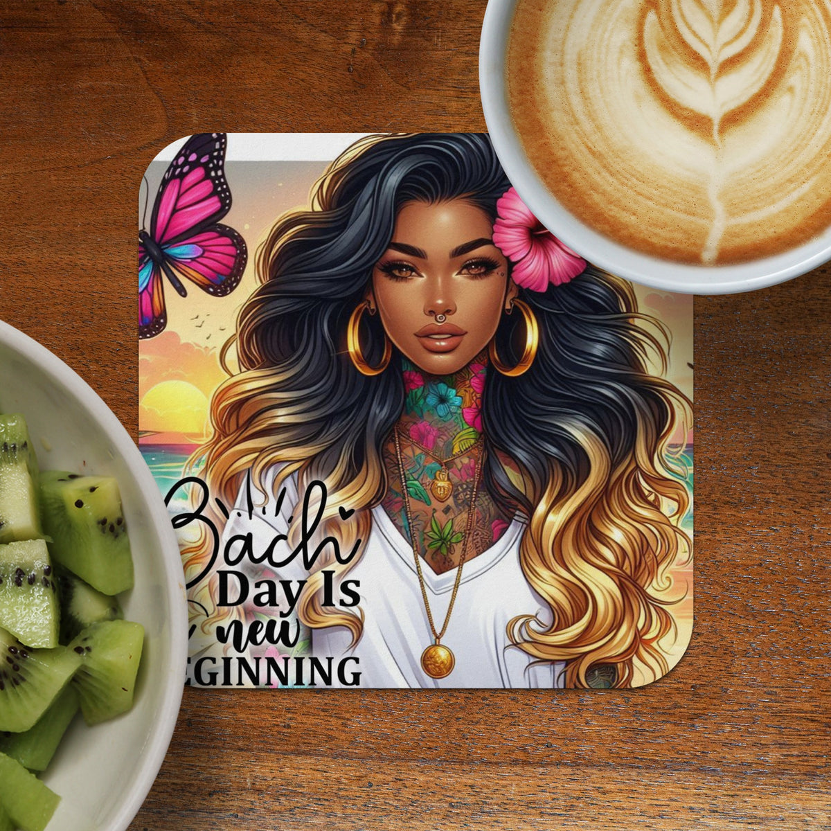 Coaster with tattooed woman and butterfly, "Bach Day Is New Beginning" text.