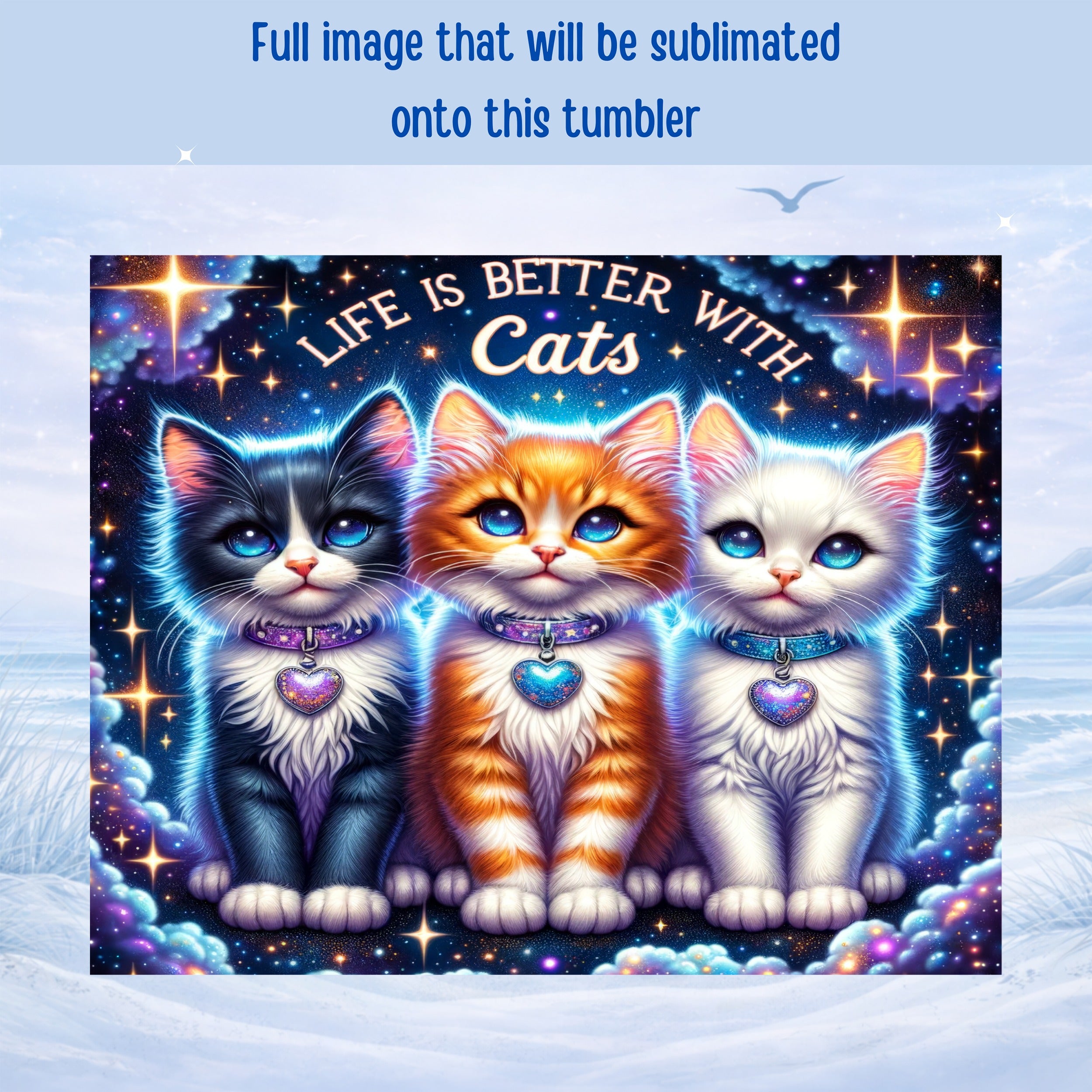 Three cute cartoon kittens with starry backgrounds and the text "Life is Better with Cats."