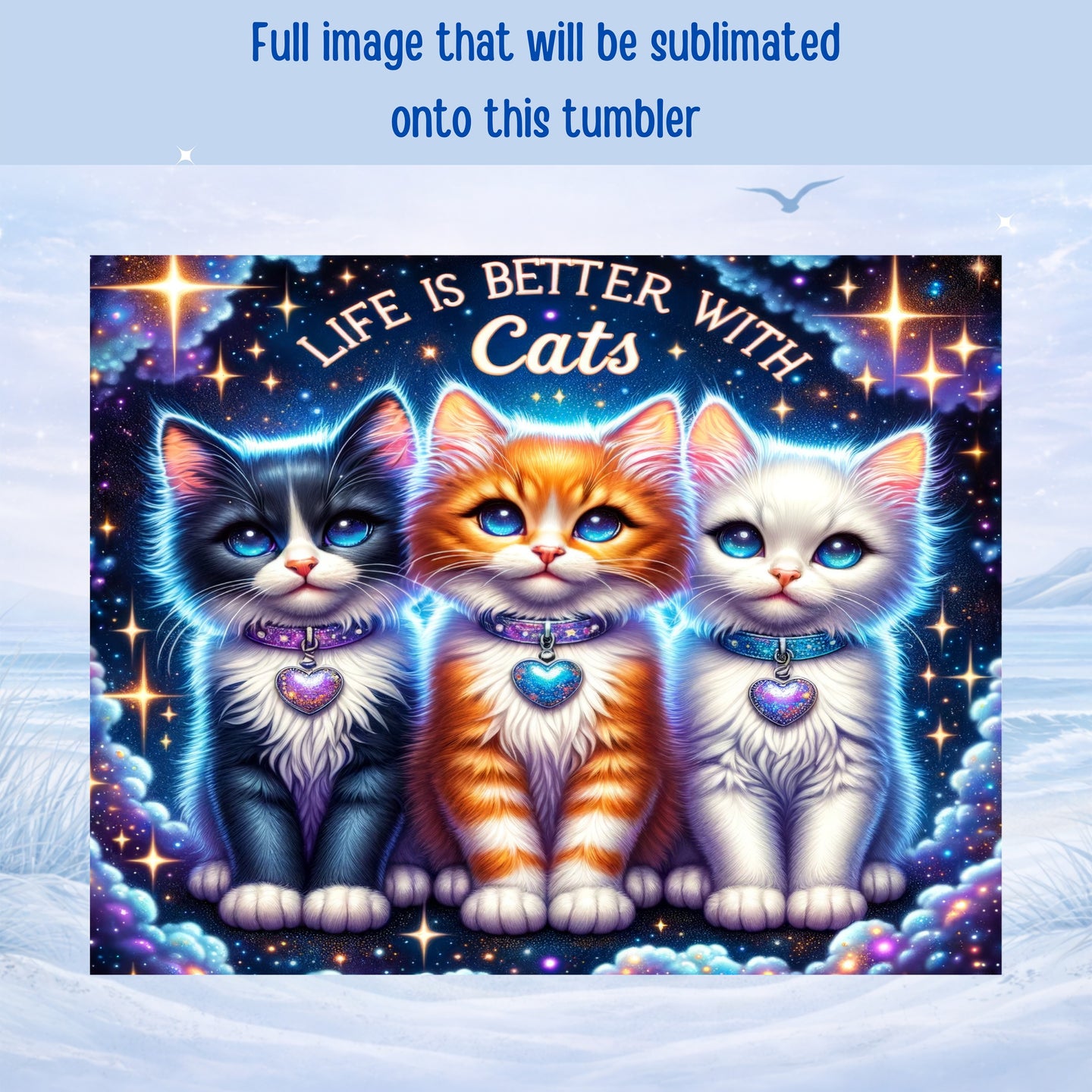 Three cute cartoon kittens with starry backgrounds and the text "Life is Better with Cats."
