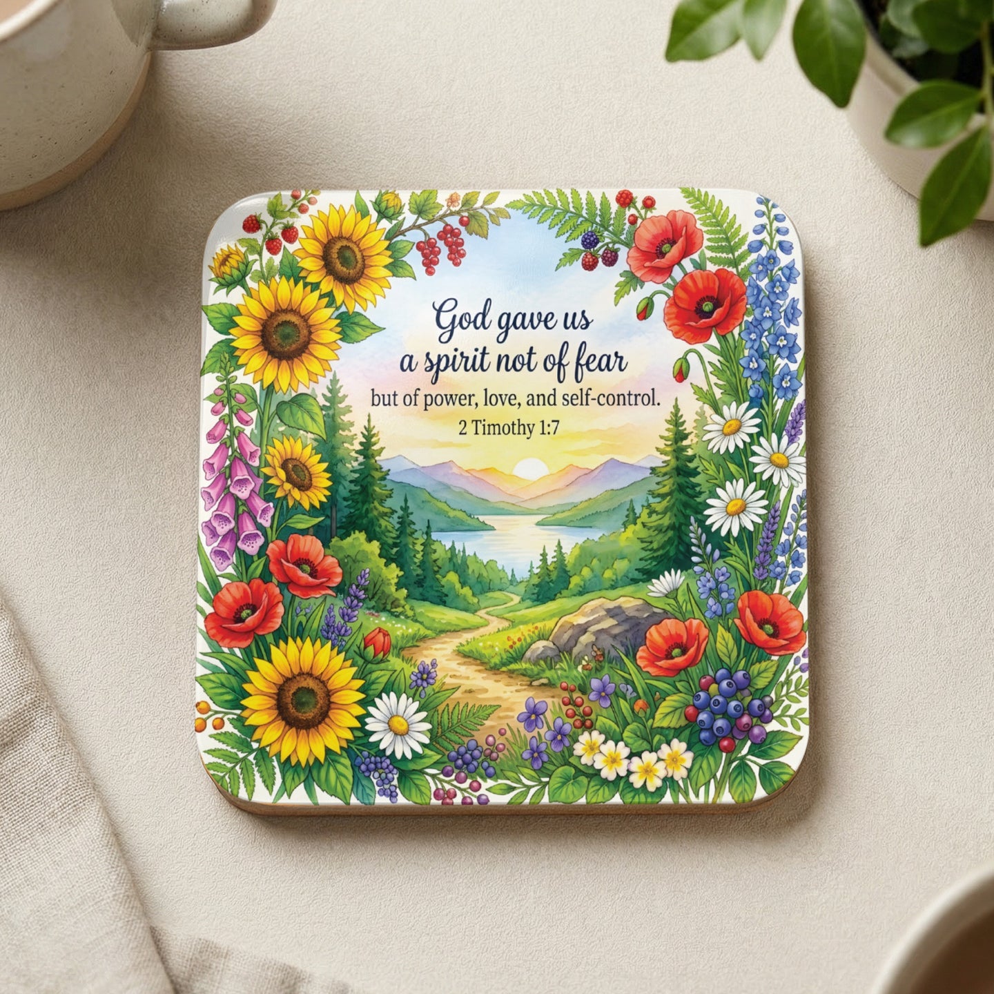 Floral coaster with Bible verse "God gave us a spirit not of fear but of power, love, and self-control. 2 Timothy 1:7".