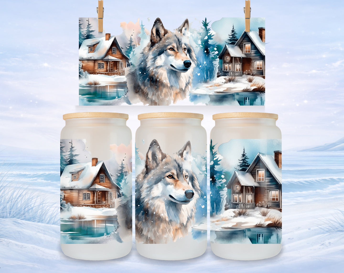 Watercolor wolf and cabin scene on frosted glass jar.