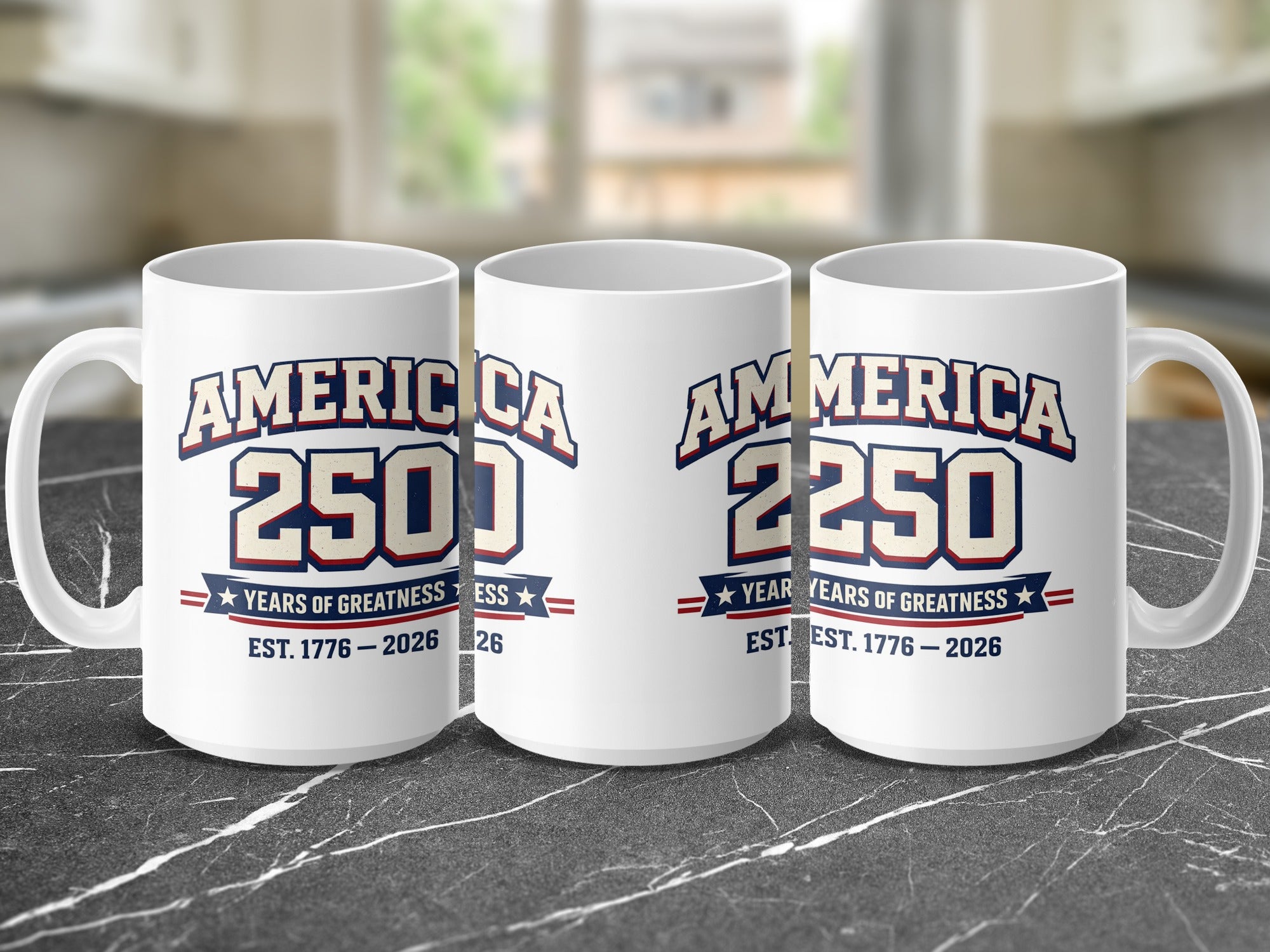 Three mugs display "AMERICA 250 YEARS OF GREATNESS" and "EST. 1776 - 2026."