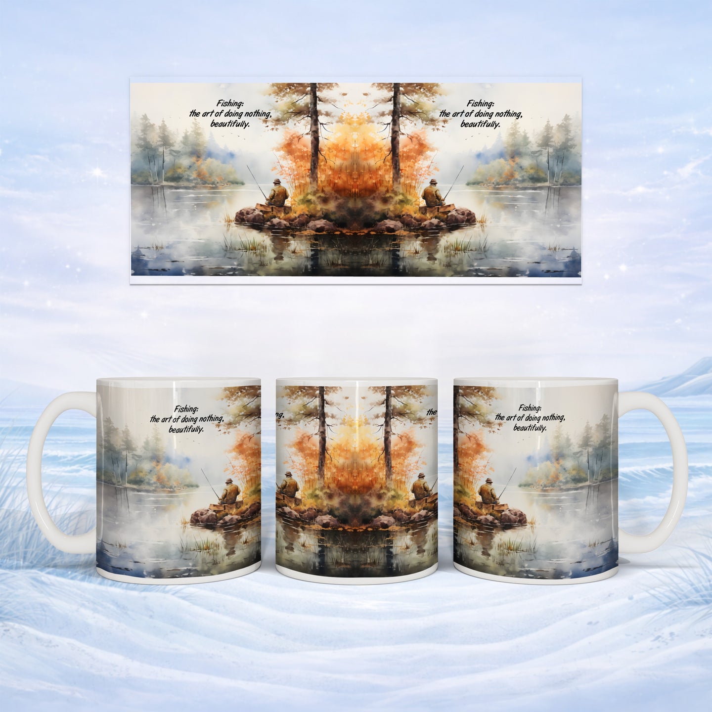 Mug with autumn fishing scene and text "Fishing: the art of doing nothing, beautifully."