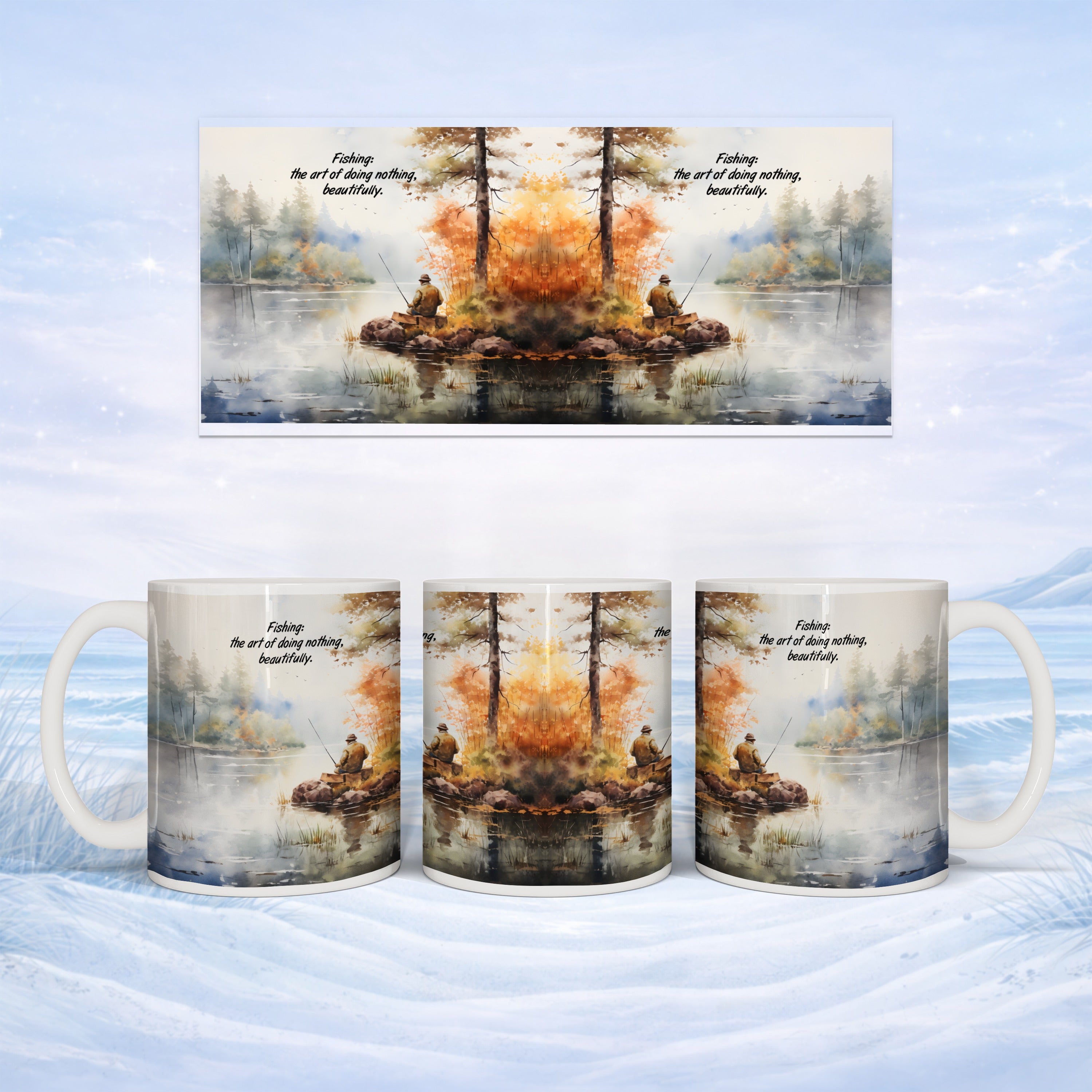 Mug with autumn fishing scene and text "Fishing: the art of doing nothing, beautifully."