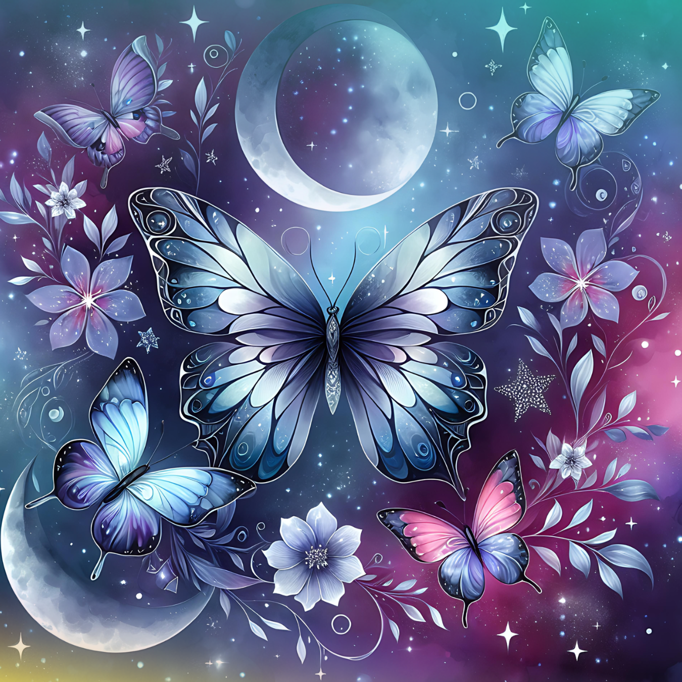 Celestial butterflies and floral motifs against a starry, moonlit galaxy background.