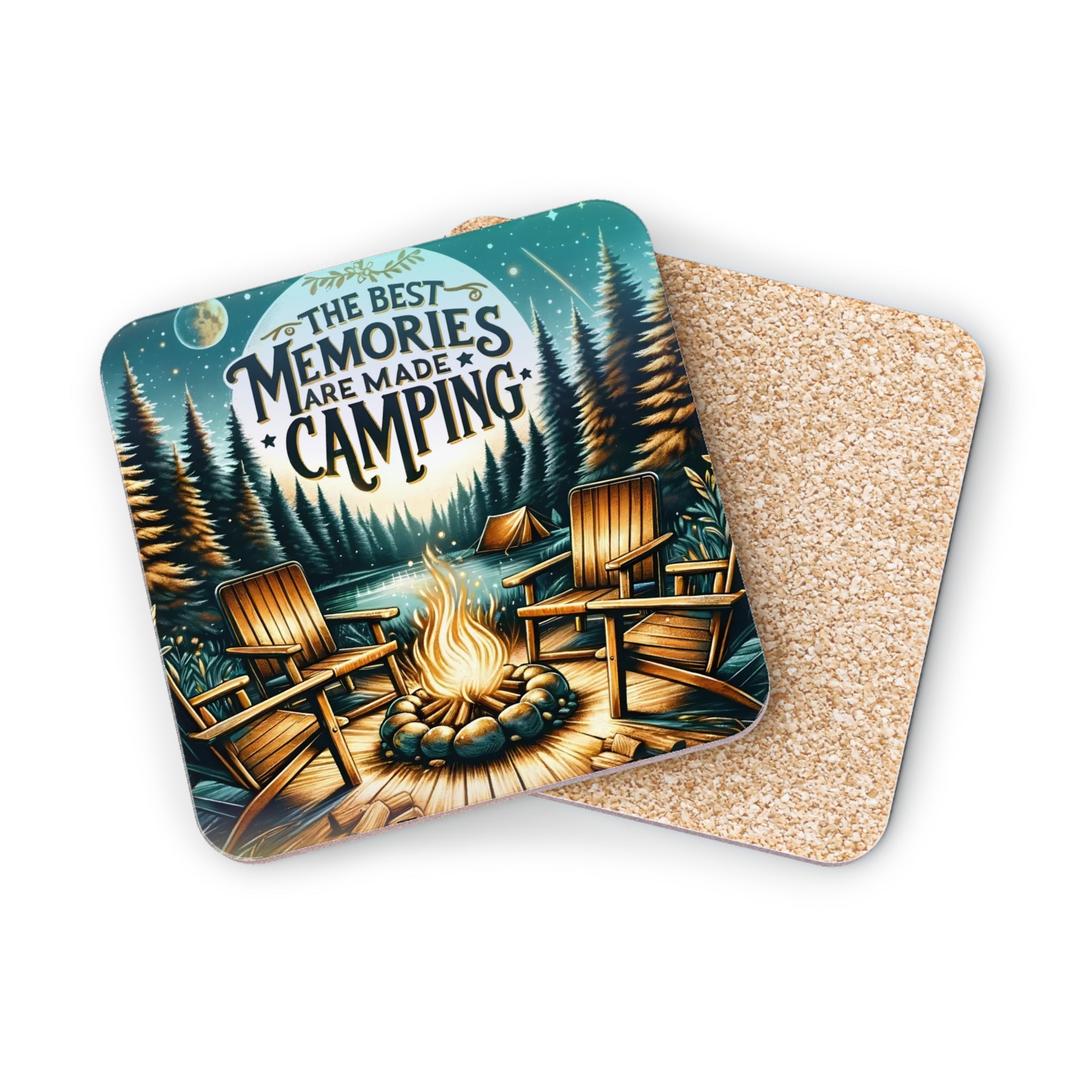 Coasters with a campfire scene and "The best memories are made camping" text.
