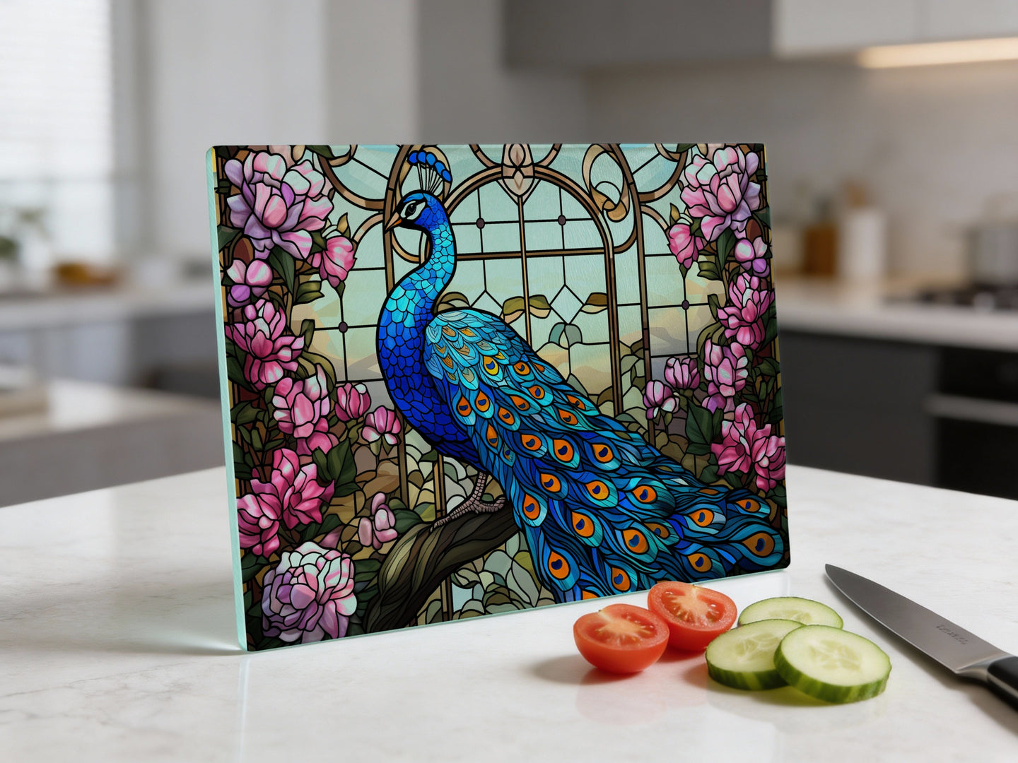 Stained glass peacock and pink flowers on a cutting board.