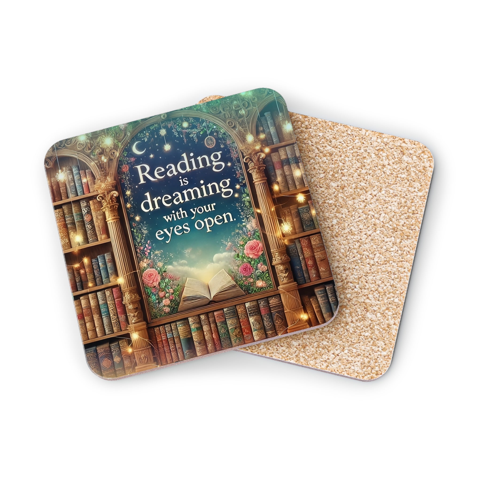 Coaster with open book, ornate bookshelves, and text "Reading is dreaming with your eyes open."
