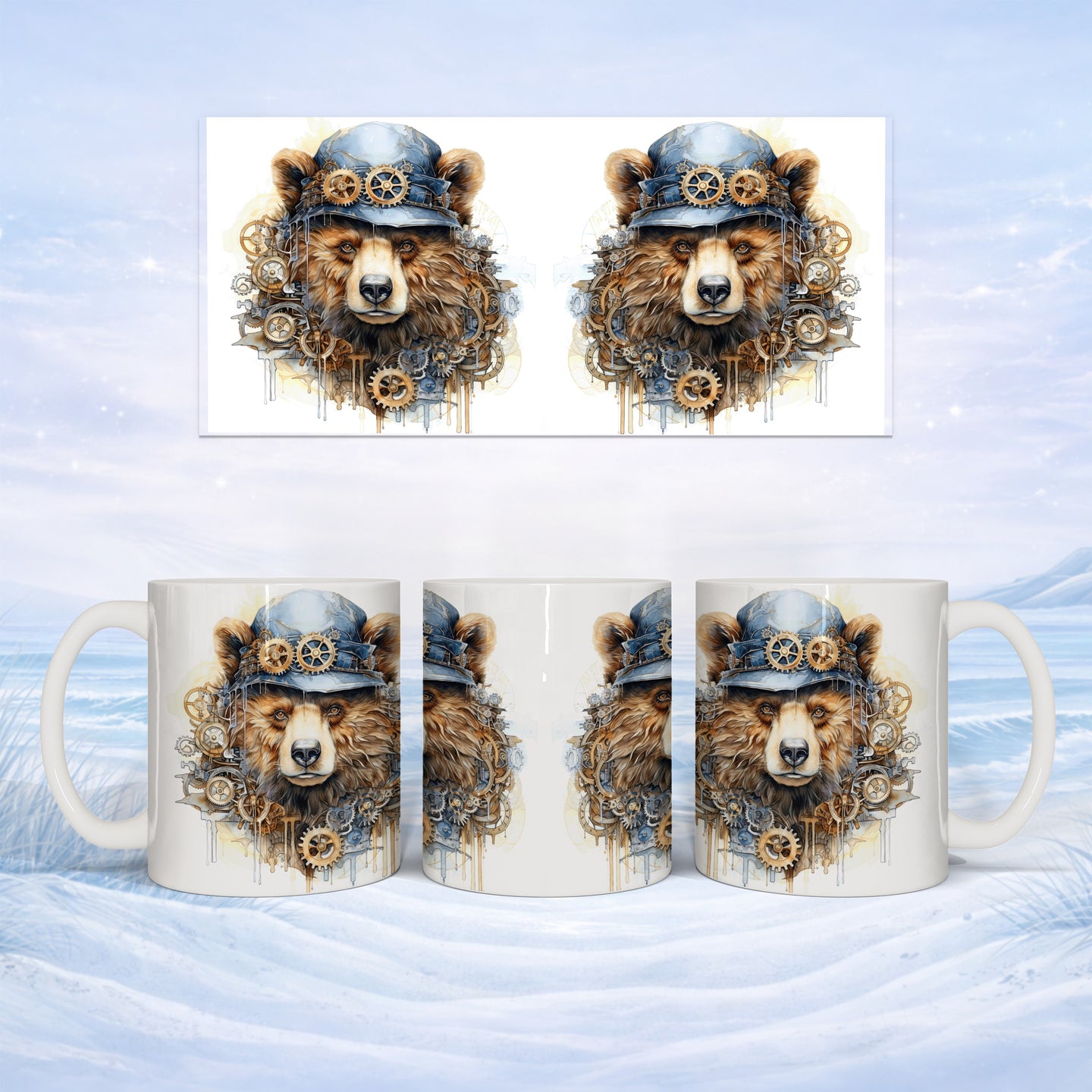 Steampunk bear wearing goggles on a mug.