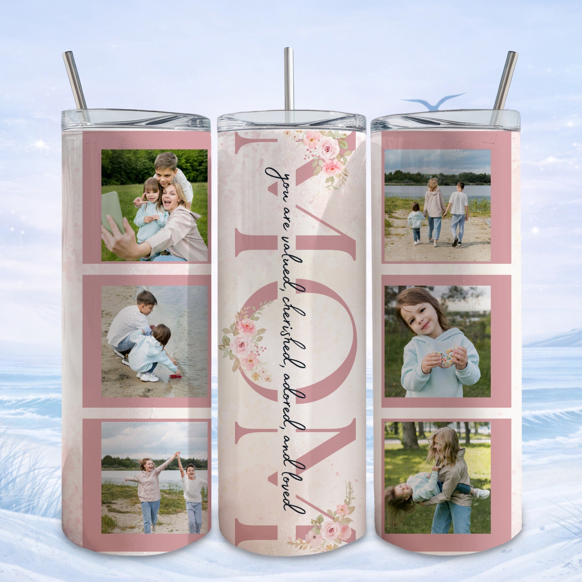 Mother's Day themed tumbler with family photos and floral accents.