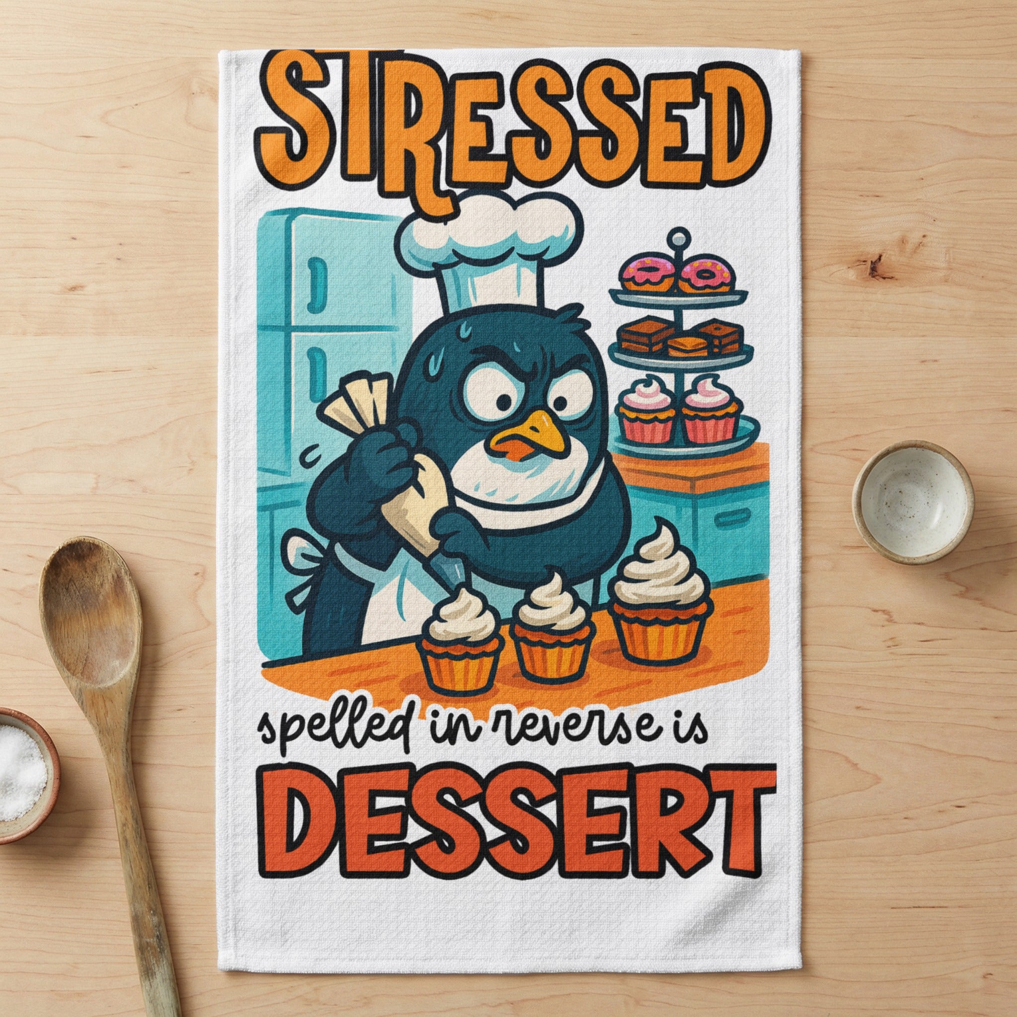 Penguin chef piping frosting onto cupcakes with text "STRESSED spelled in reverse is DESSERT".