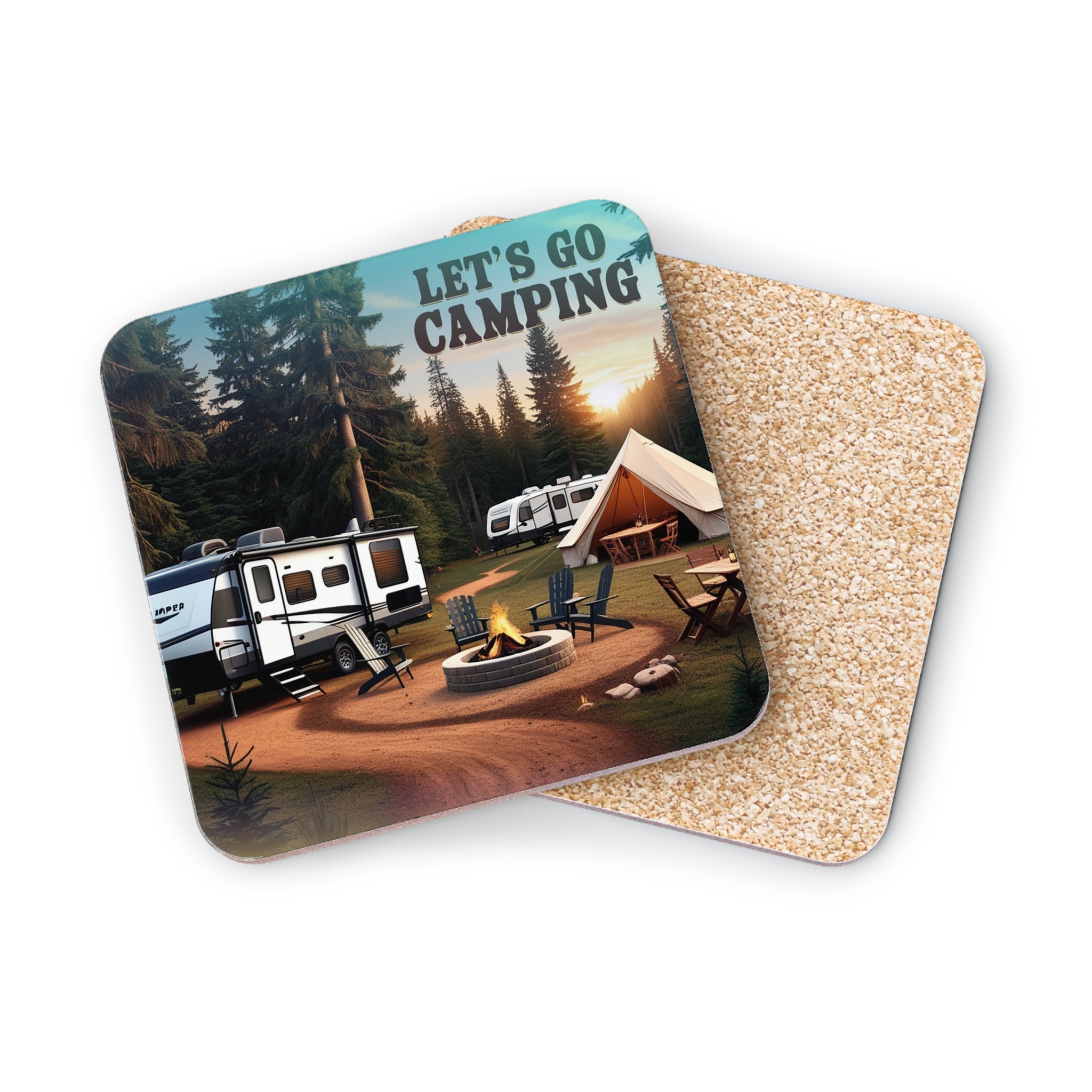 Coasters with "Let's Go Camping" text and a camping scene.