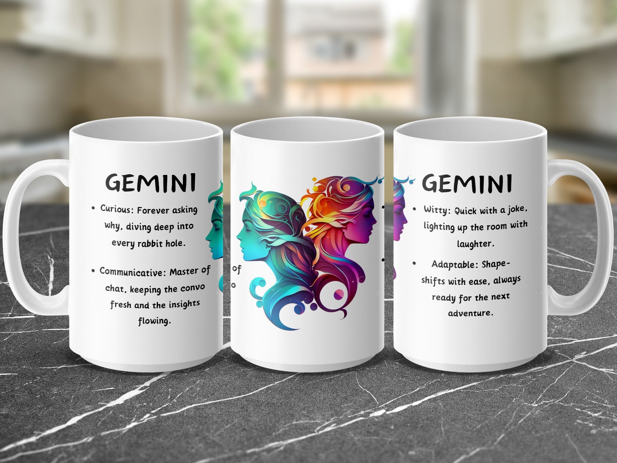 Mug featuring Gemini zodiac sign constellation with descriptive traits.