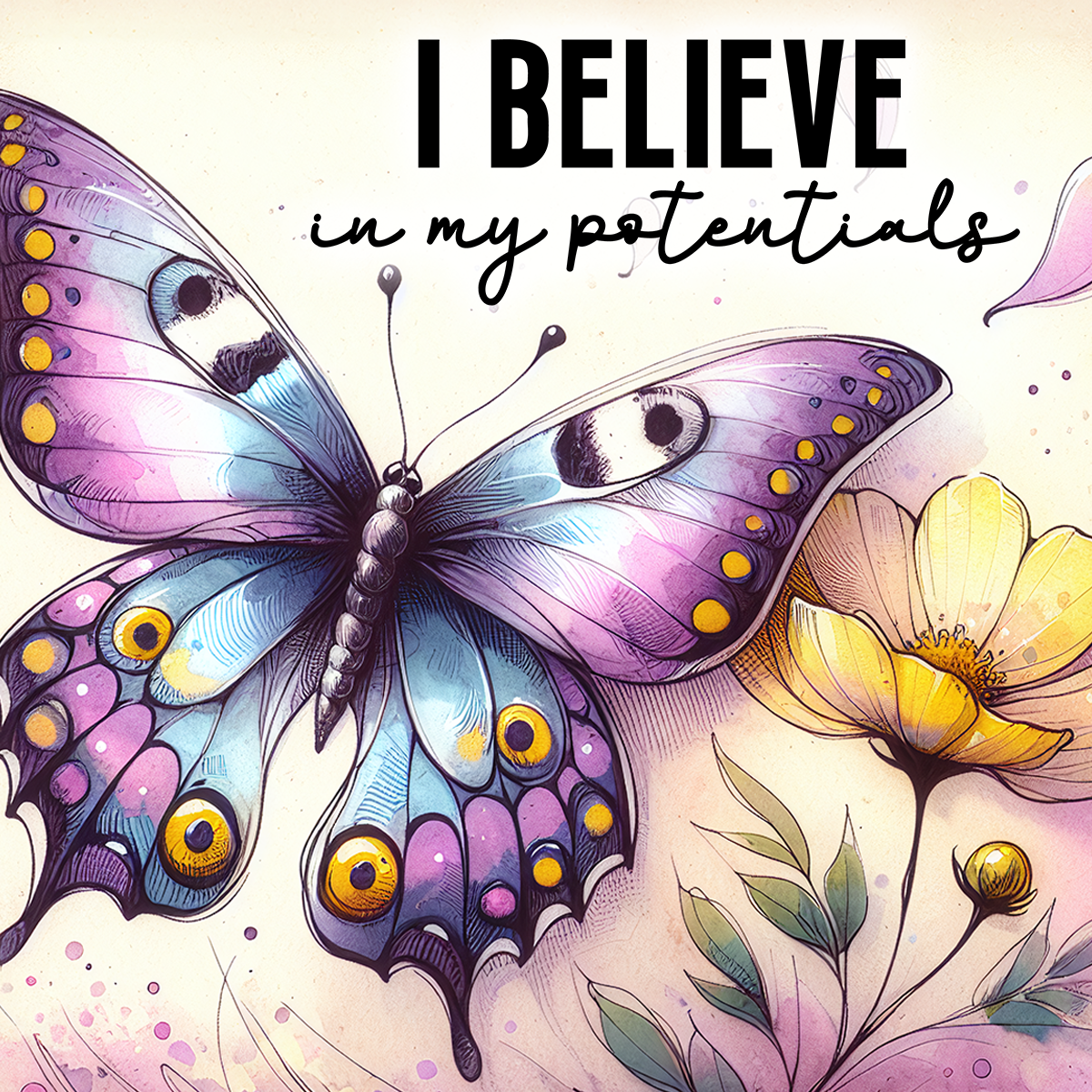 Butterfly with colorful wings and text "I BELIEVE in my potentials".