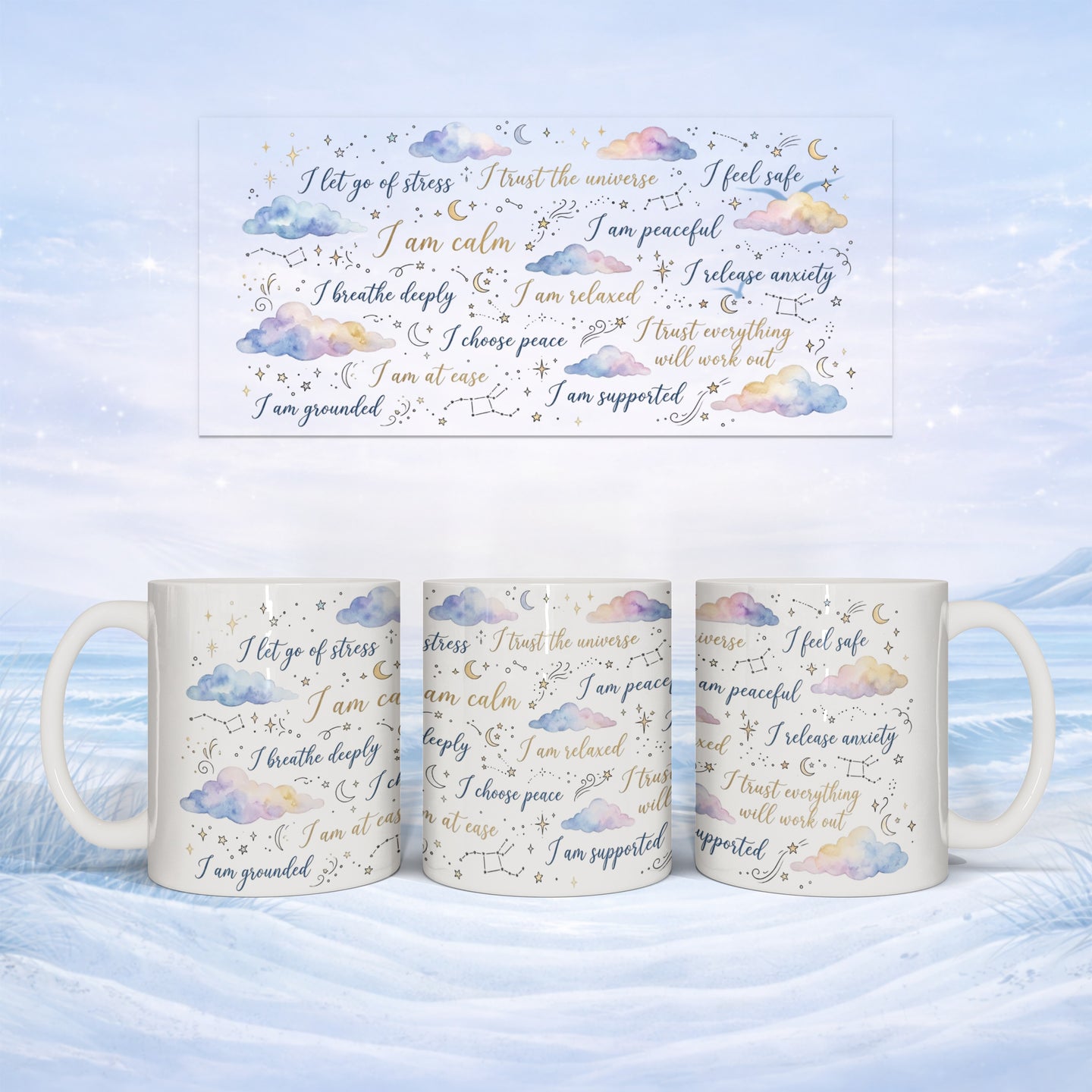 Mug with celestial watercolor affirmations on a snowy landscape background.