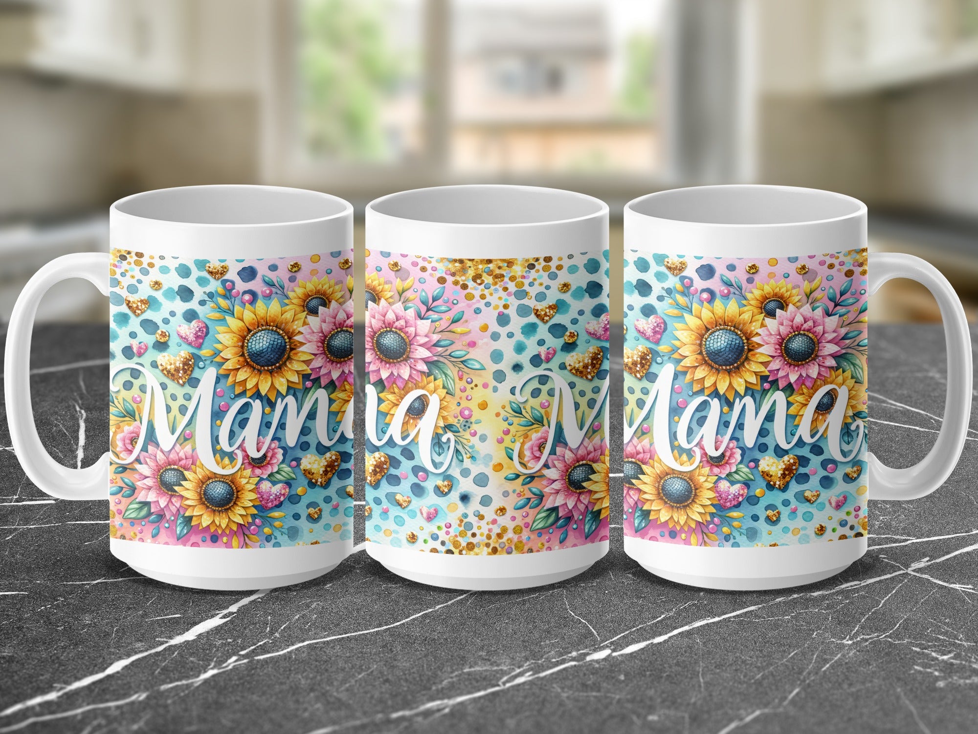 Three mugs display "Mama" in script against a floral and heart pattern.