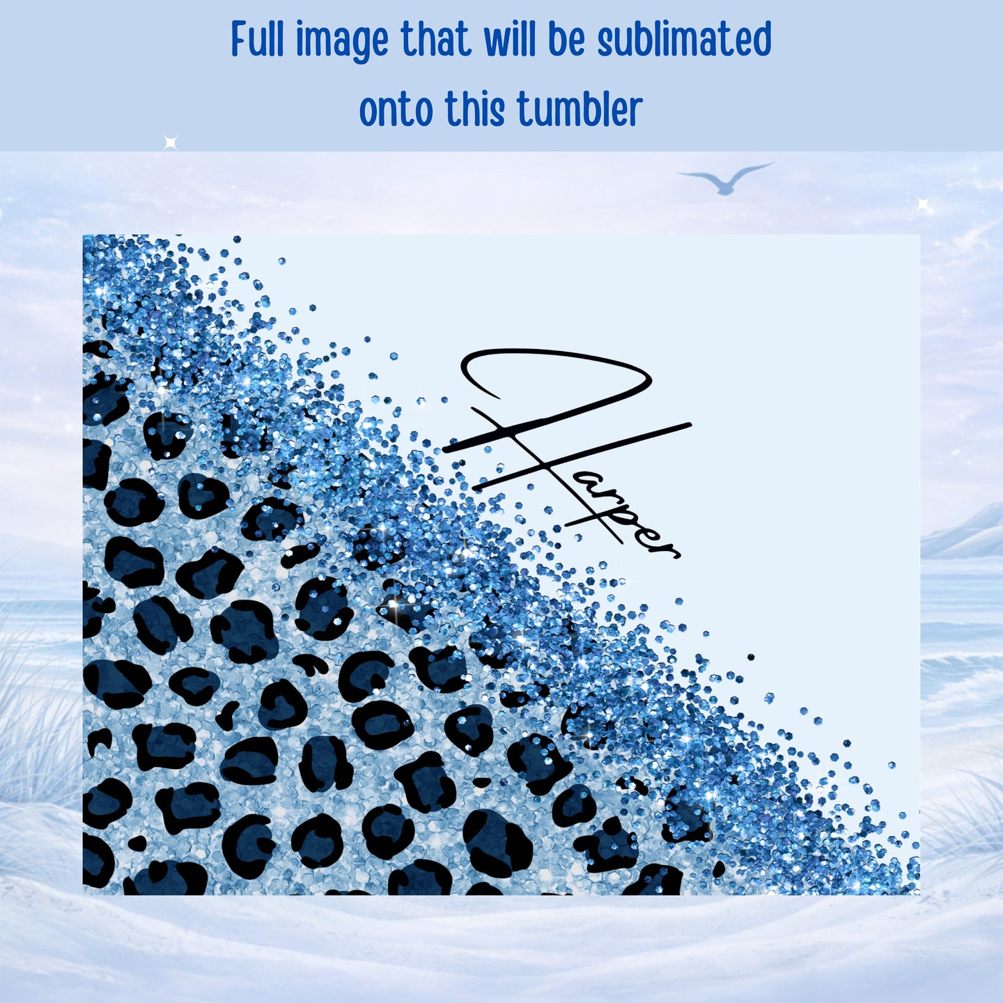 Blue leopard print with glitter, text "Harper" across the top.