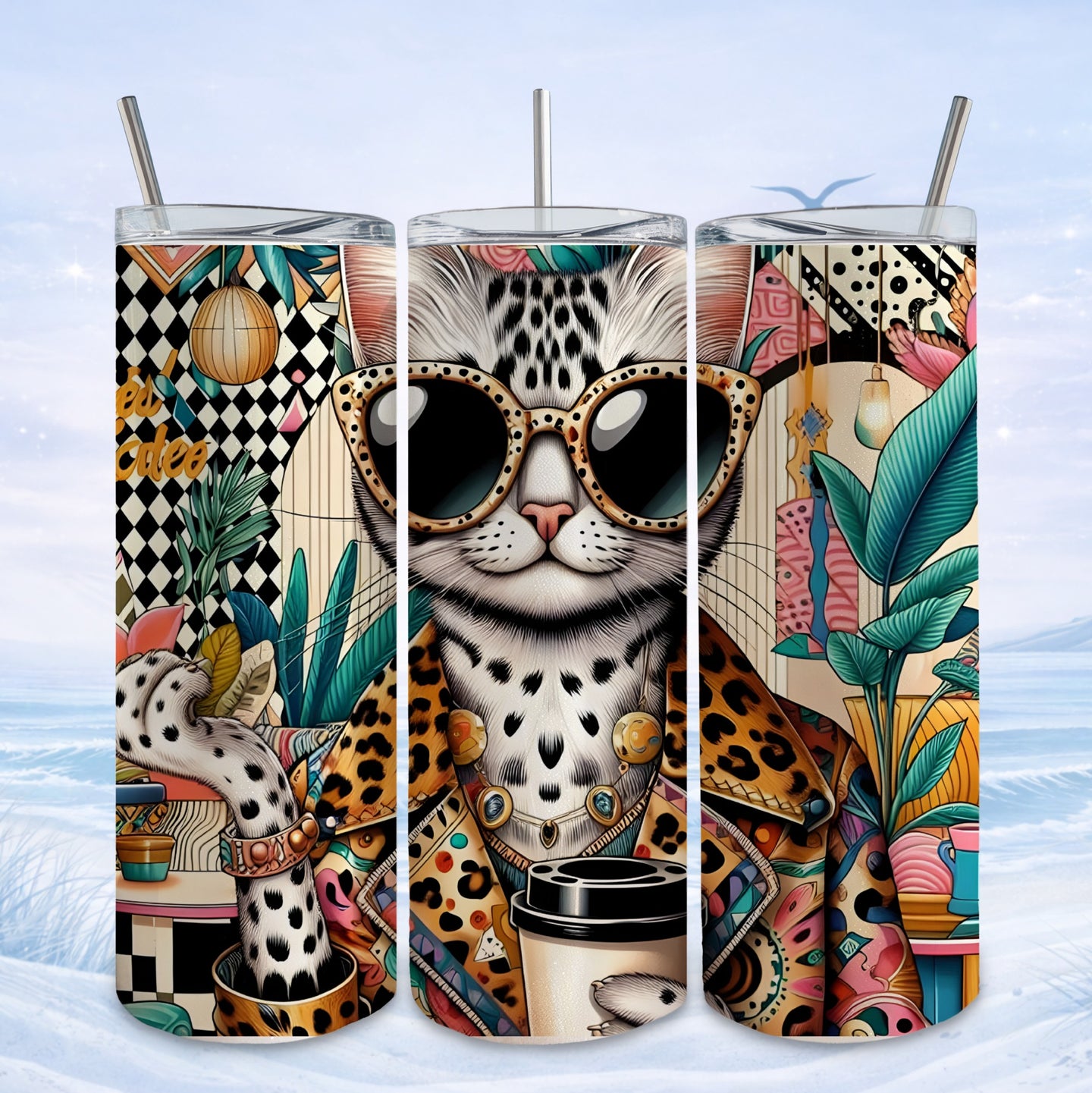 Leopard-spotted cat in sunglasses, wearing a leopard print jacket, holding a coffee cup.