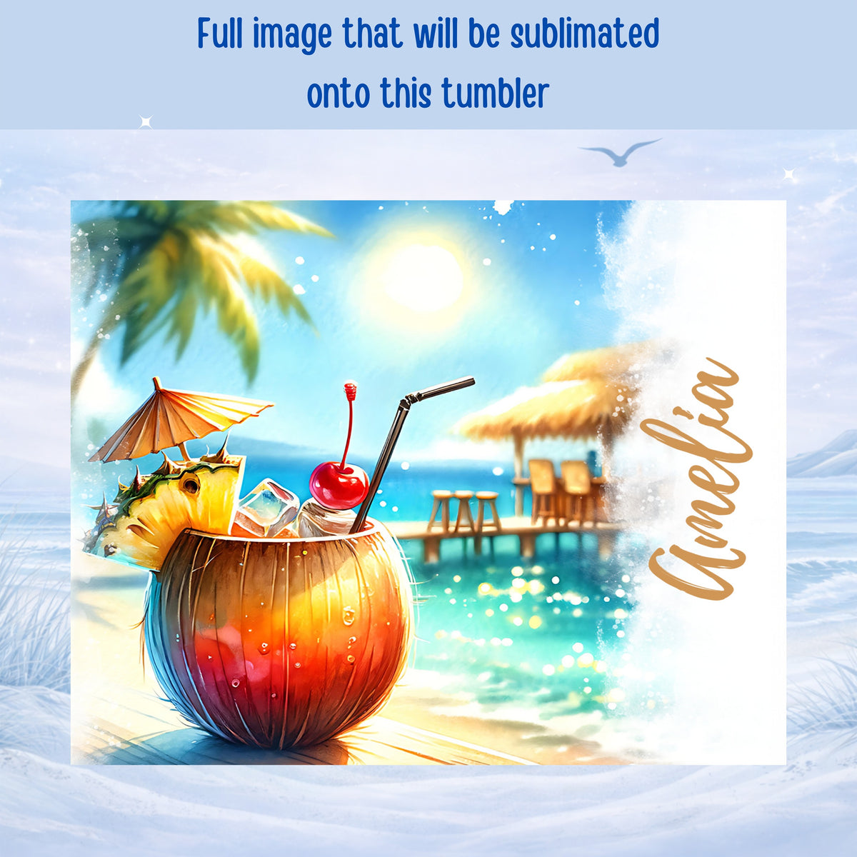 Tropical cocktail in coconut with pineapple, cherry, and umbrella, beach scene.