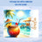 Tropical cocktail in coconut with pineapple, cherry, and umbrella, beach scene.