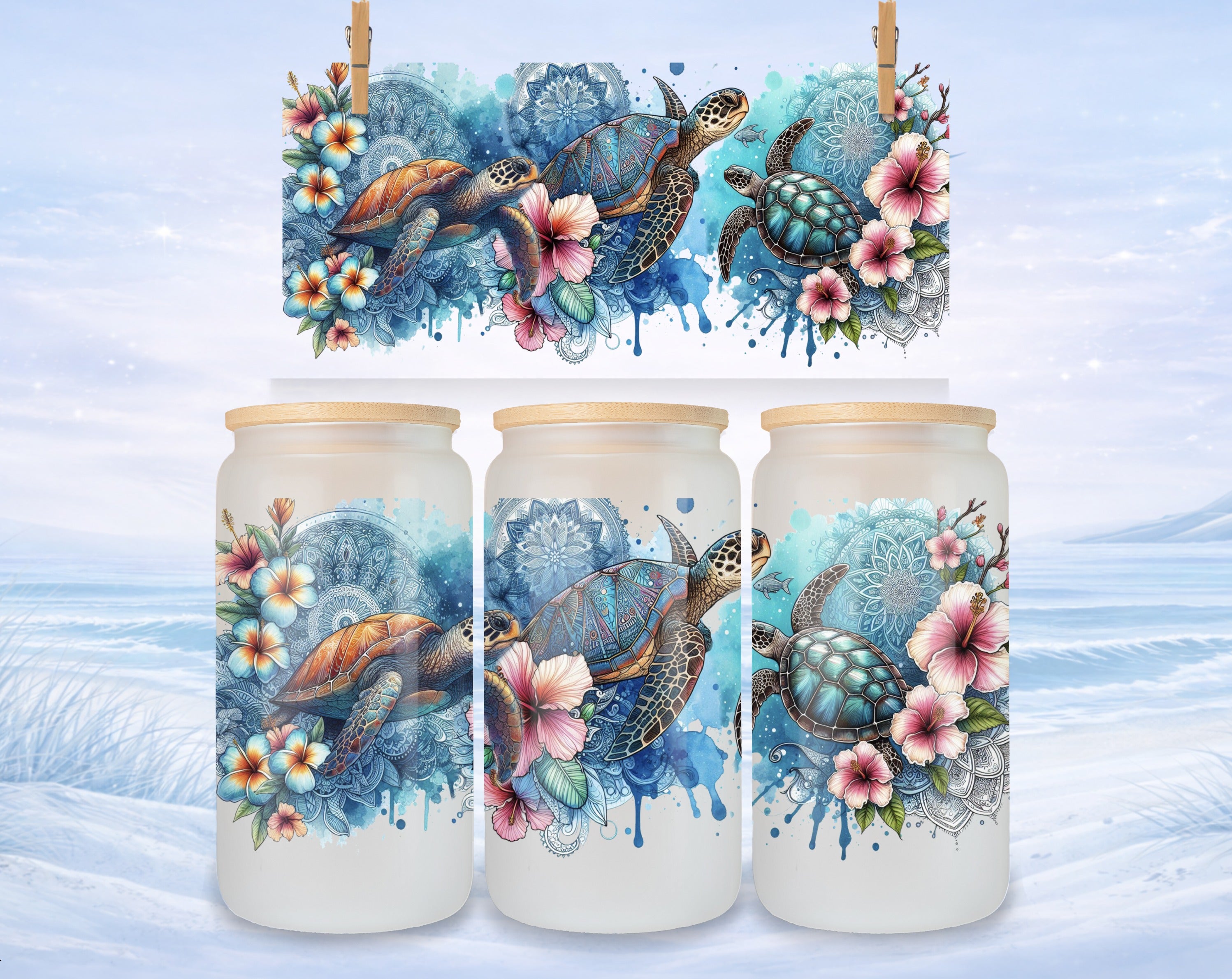Three glass jars with wooden lids, featuring sea turtles and floral designs.