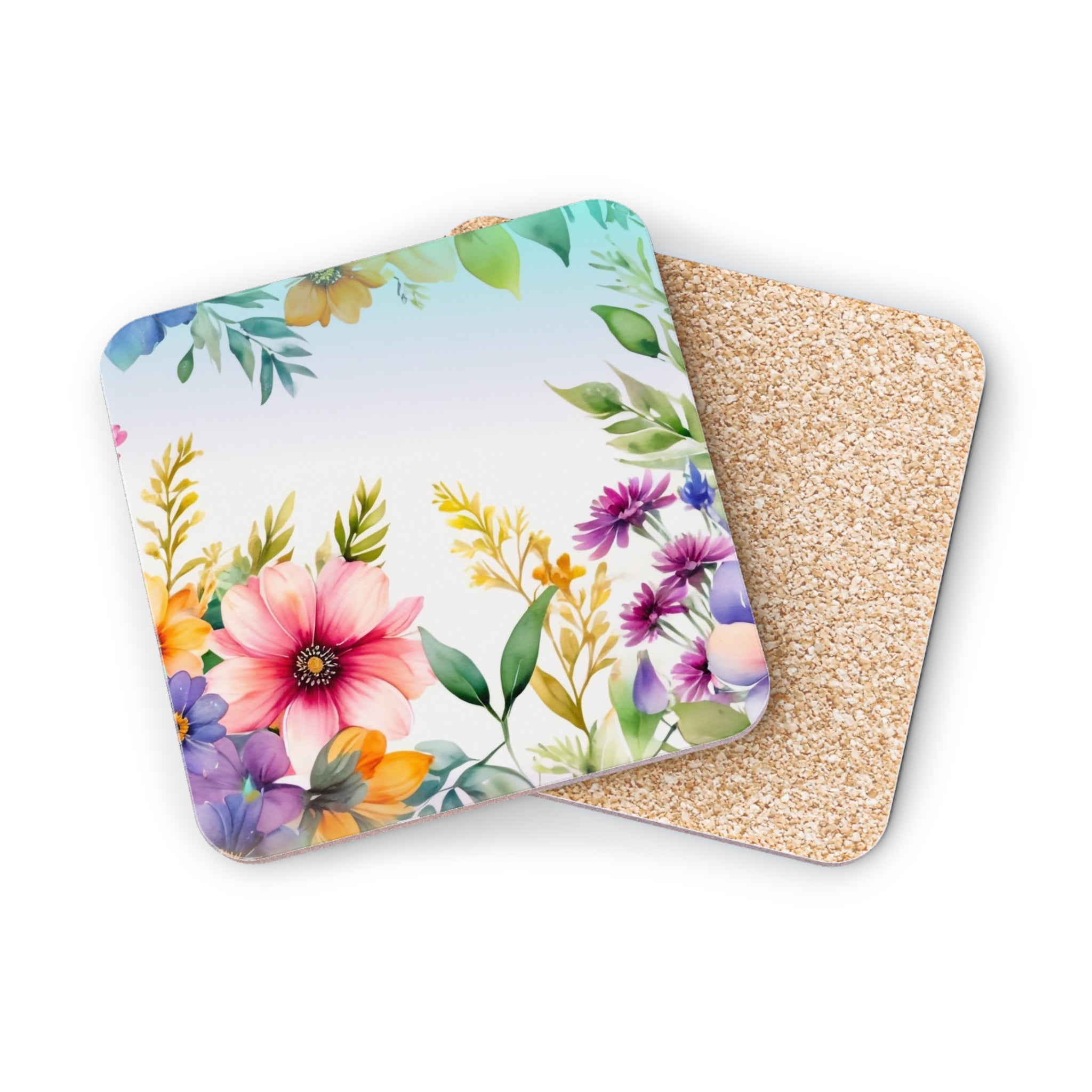 Watercolor floral design on round coasters with cork backing.