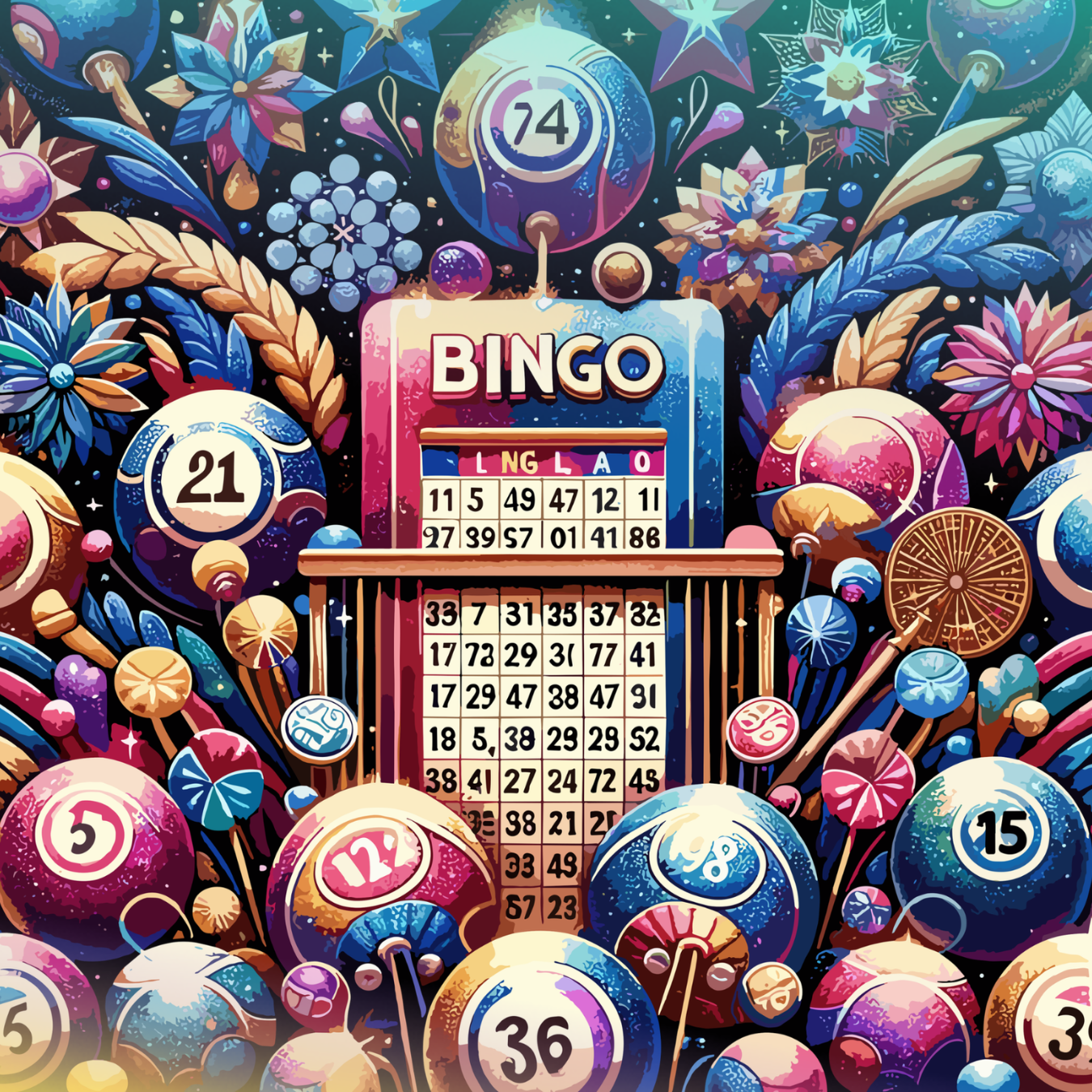 Bingo balls and a game board with numbers against a dark, floral background.