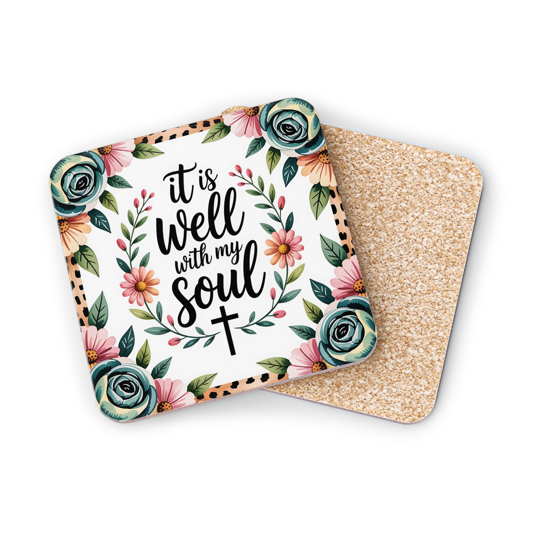 Coaster with floral border and "It is well with my soul" text.