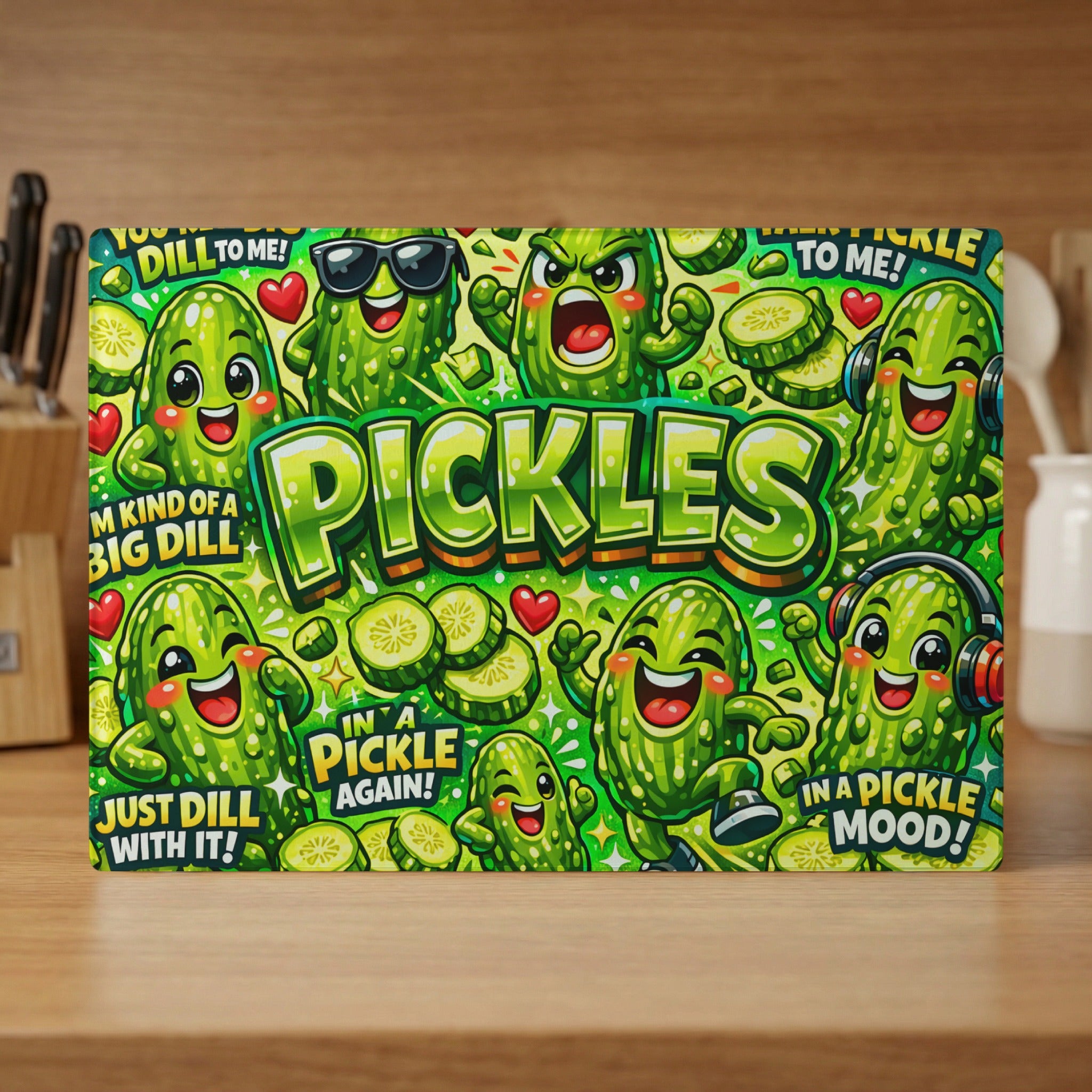 Cartoon pickles with speech bubbles saying "Just dill with it!" and "In a pickle mood!".