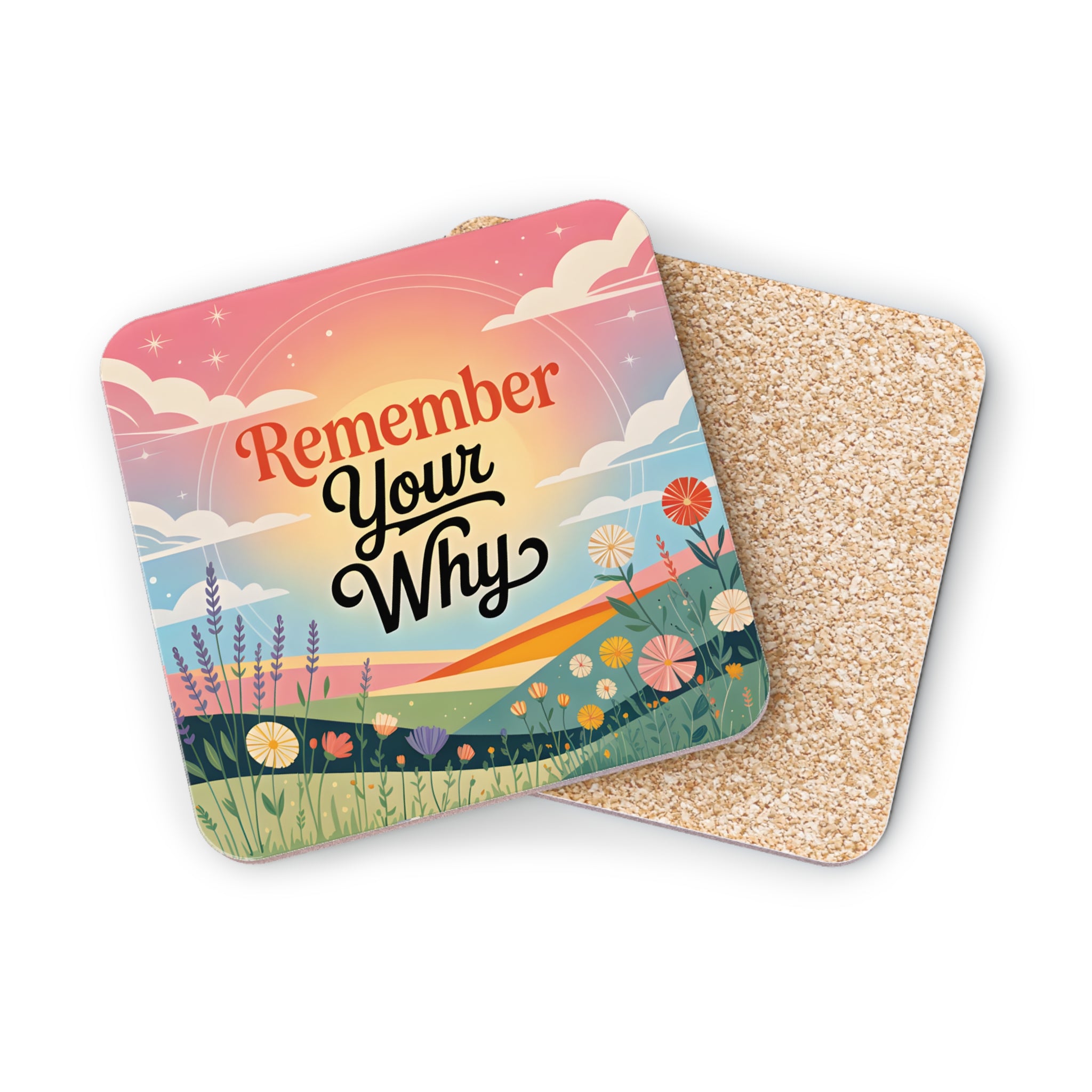 Coaster with "Remember Your Why" text over a colorful sunset landscape.