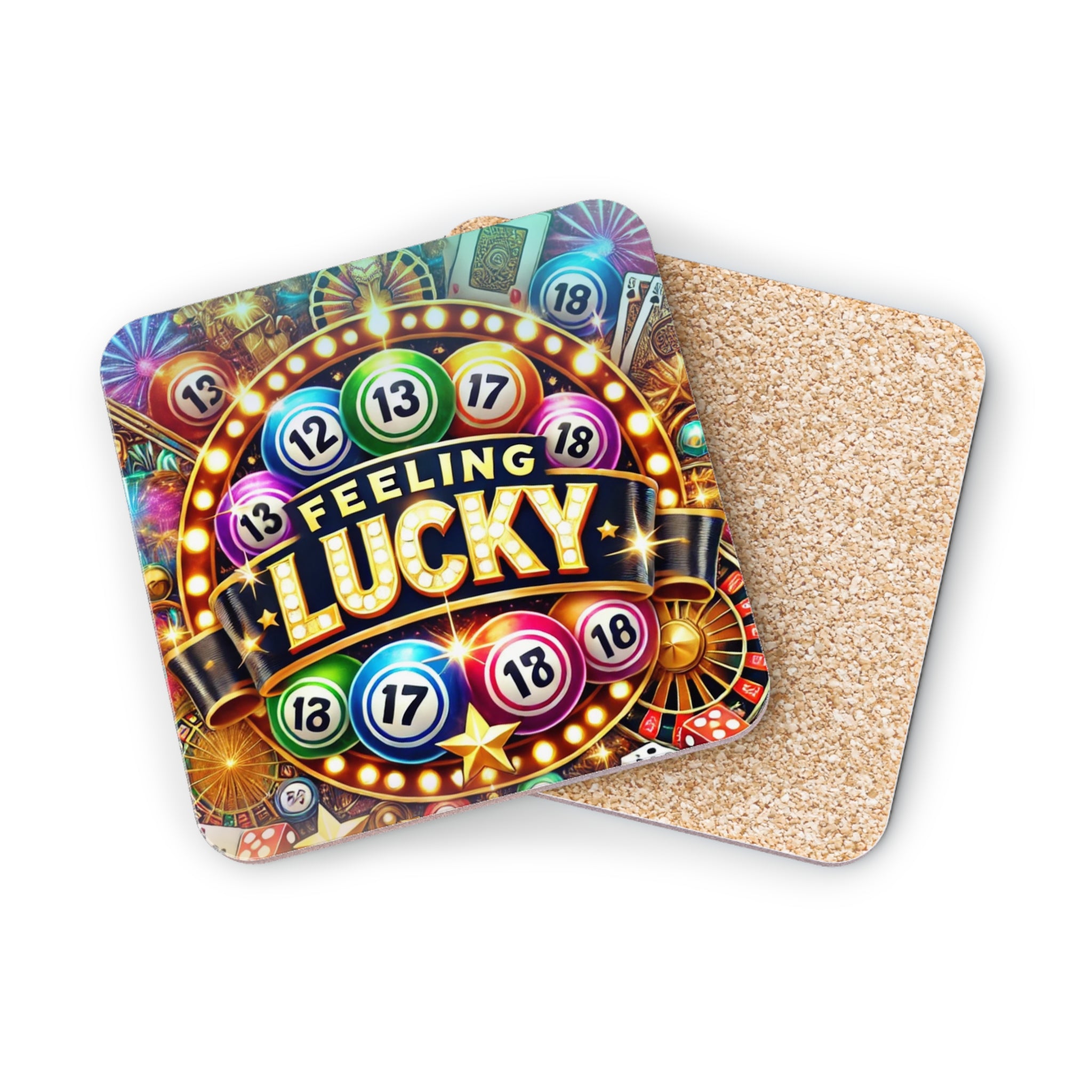 Coasters with "FEELING LUCKY" text and colorful bingo balls and lottery wheels.