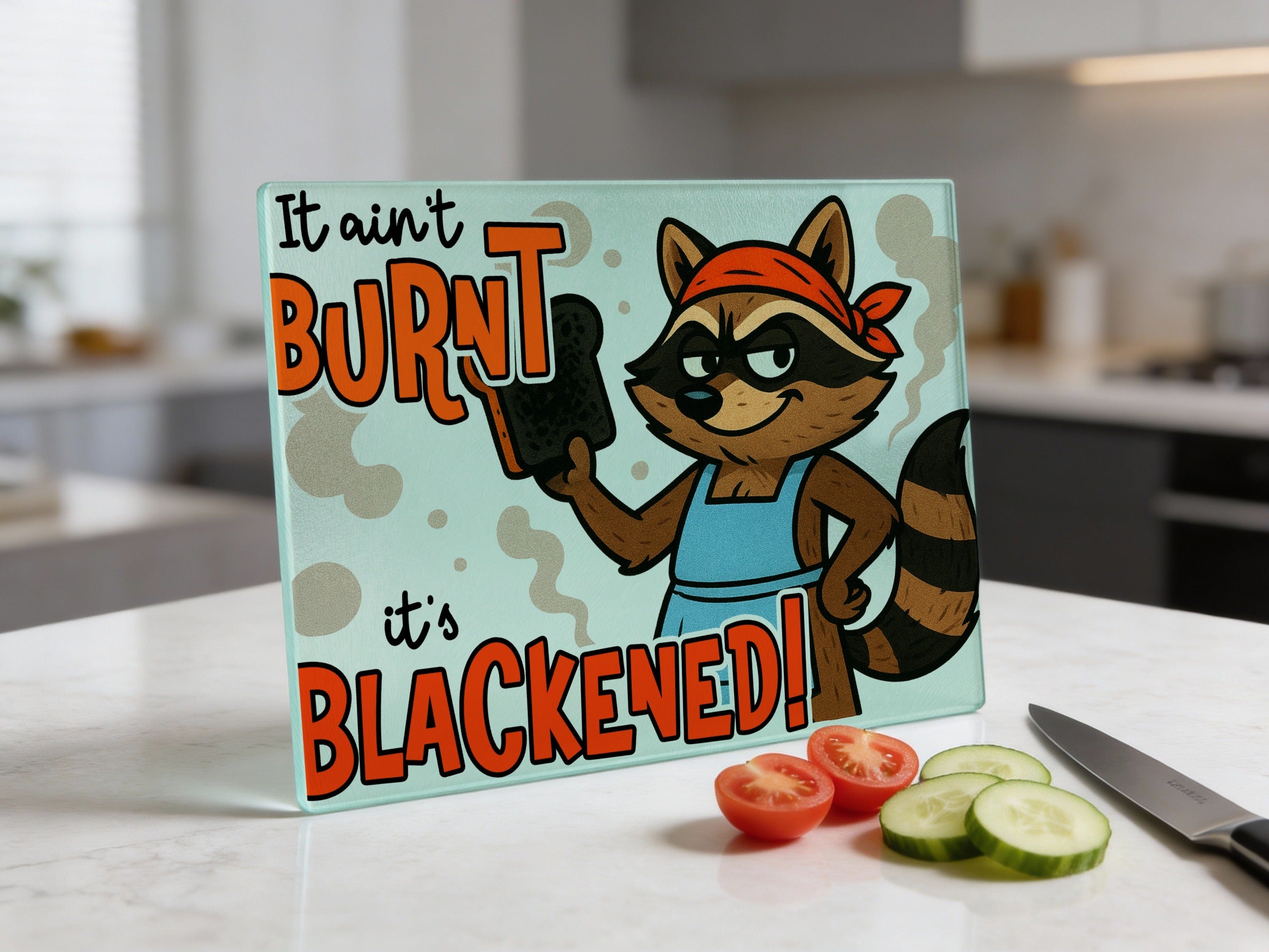 Raccoon in apron holding toast that says "It ain't burnt, it's blackened!"
