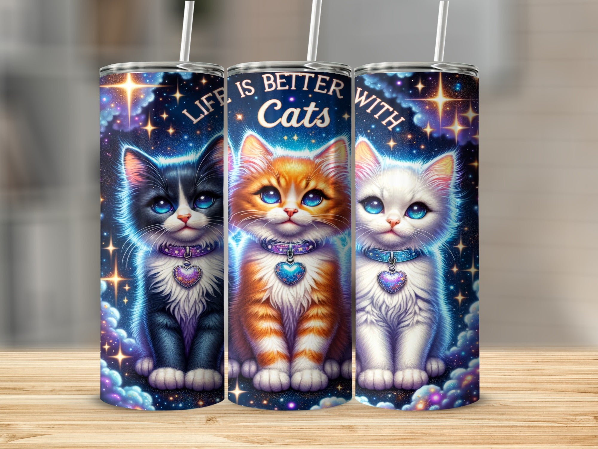 Three kittens on a tumbler with the text "Life is better with cats".