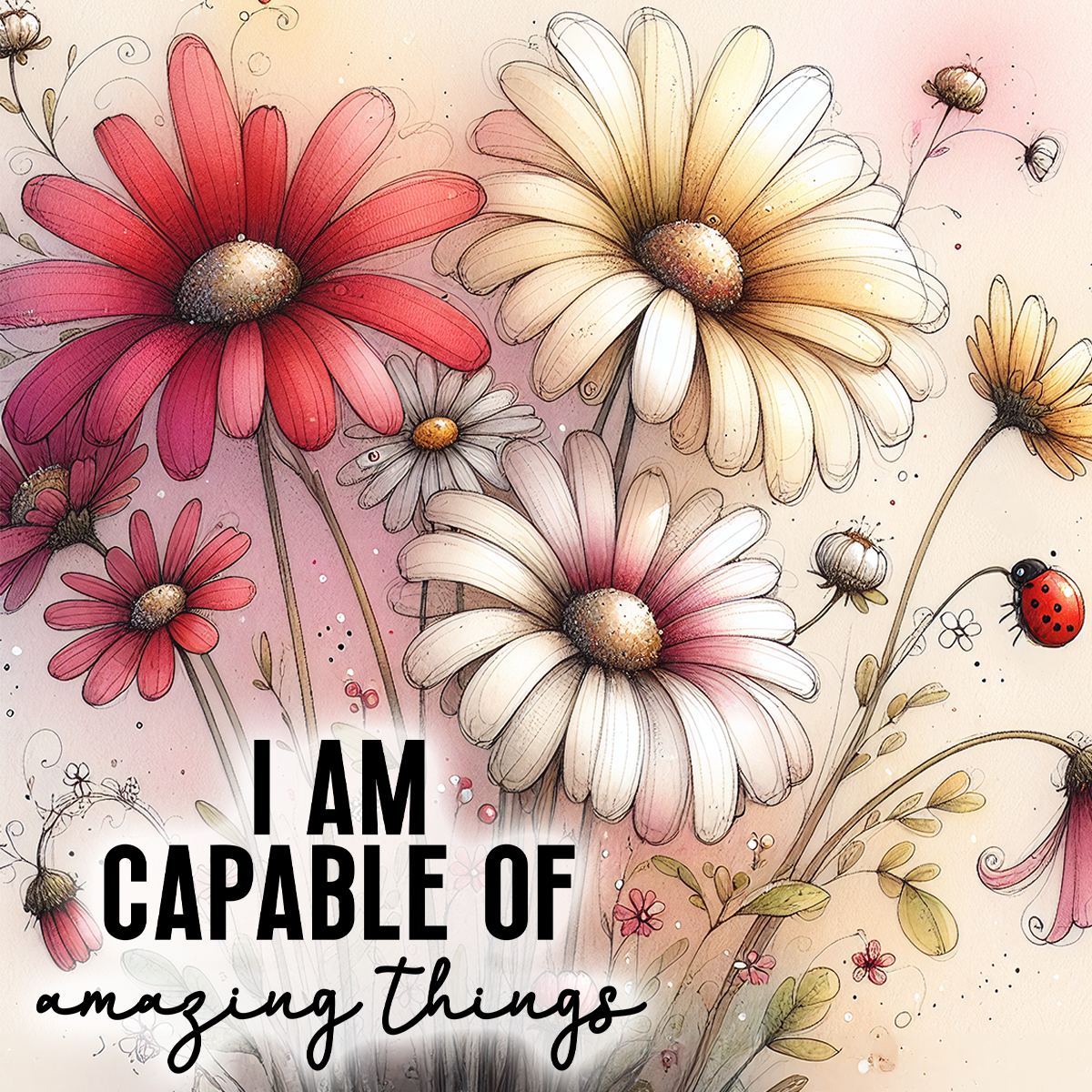 Floral watercolor art with ladybug and inspirational text "I AM CAPABLE OF amazing things".