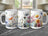 White mugs with floral watercolor designs and blurred kitchen background.