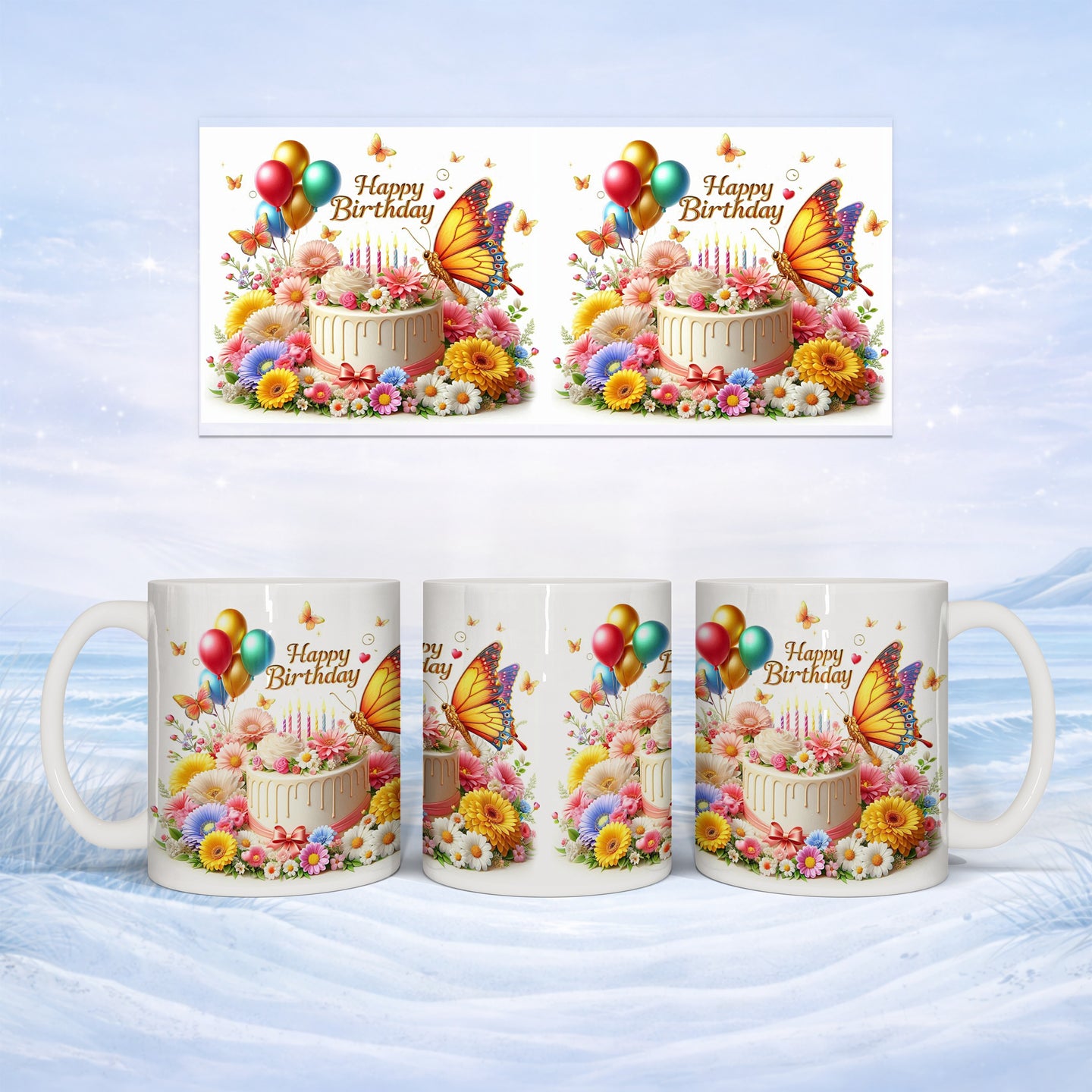 Birthday cake with flowers and butterflies on a snowy background, with balloons.