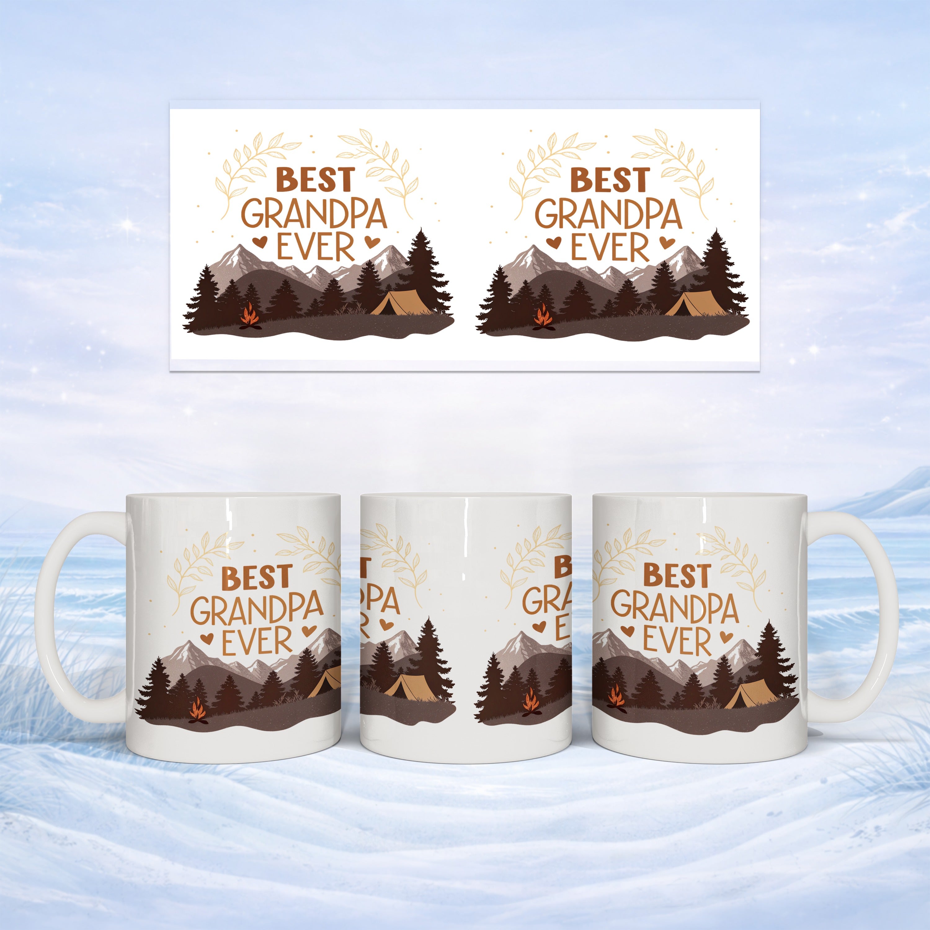 Mug with "Best Grandpa Ever" text and mountain campsite design.