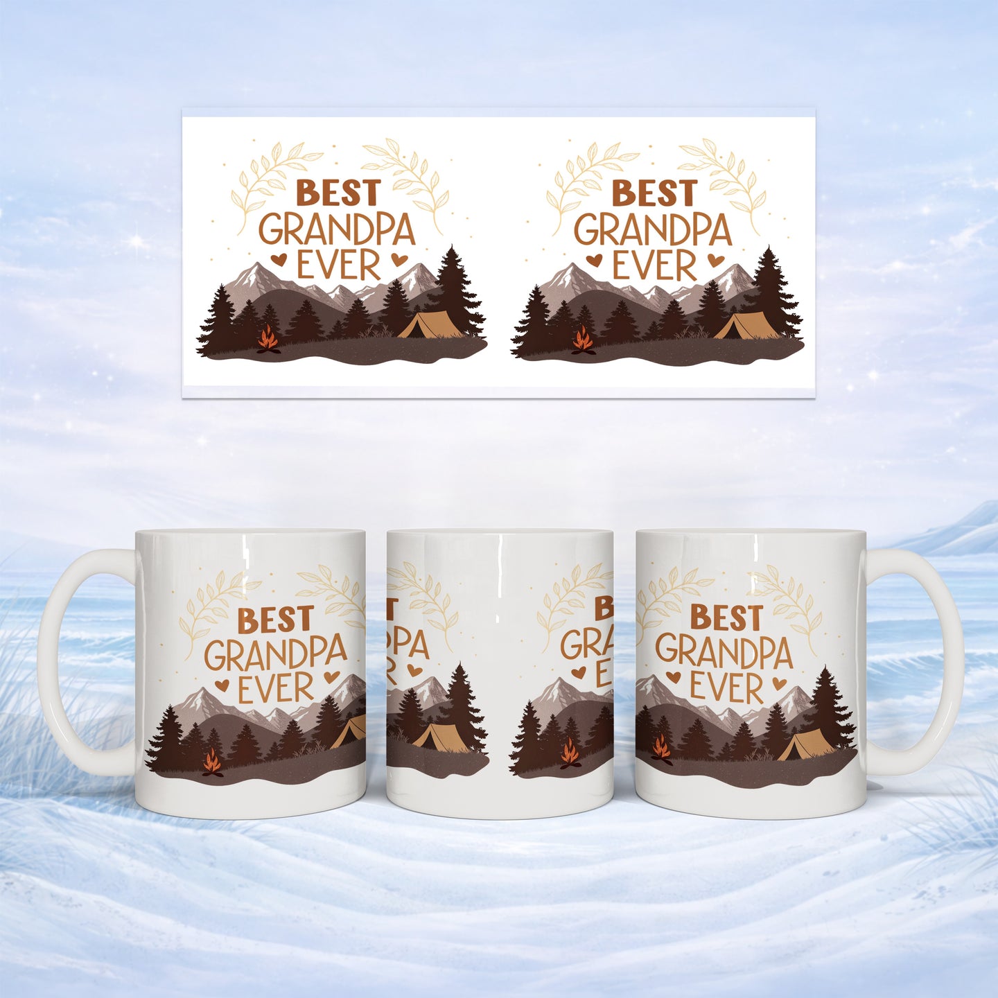 Mug with "Best Grandpa Ever" text and mountain campsite design.