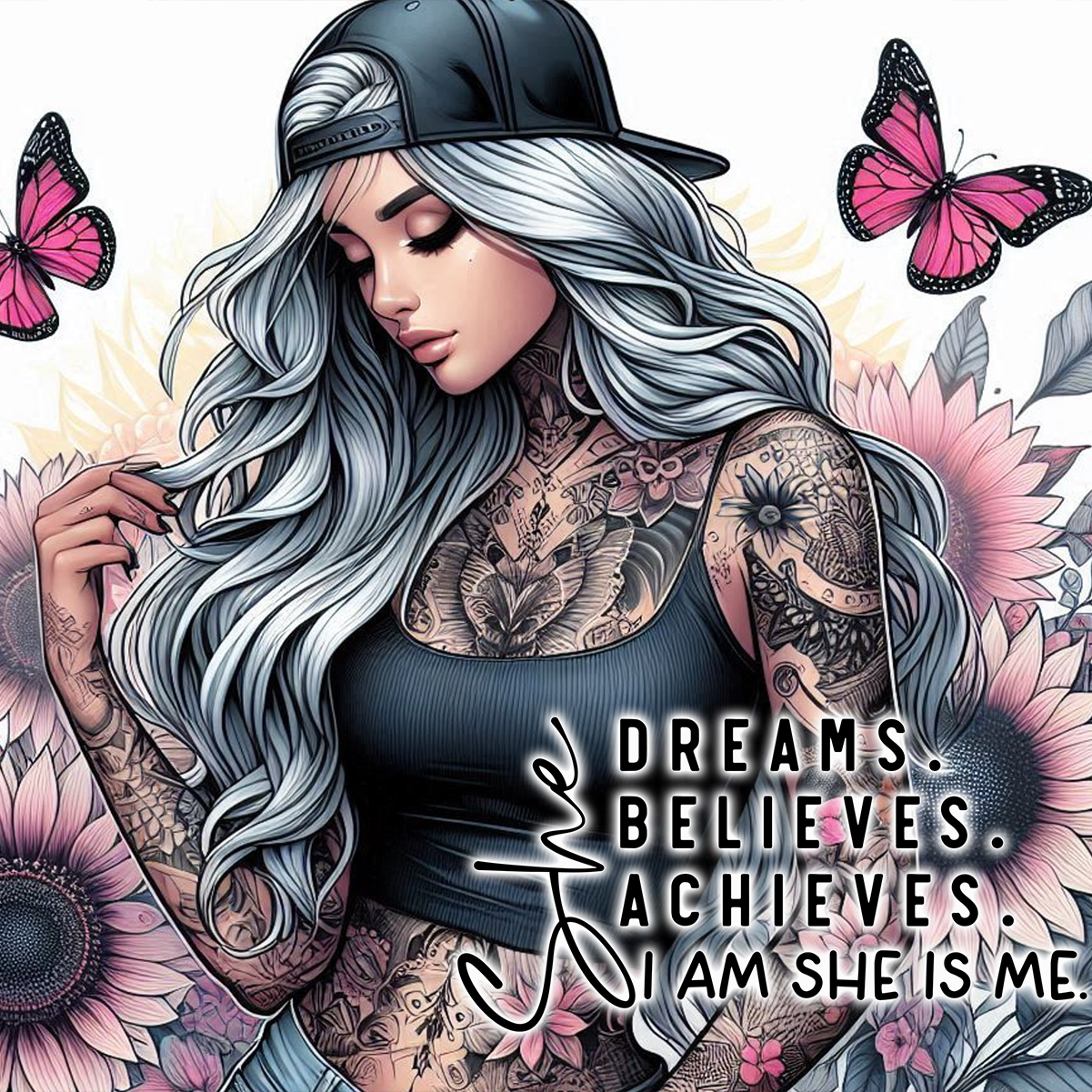 Woman with tattooed body and white hair, with butterflies and sunflowers.