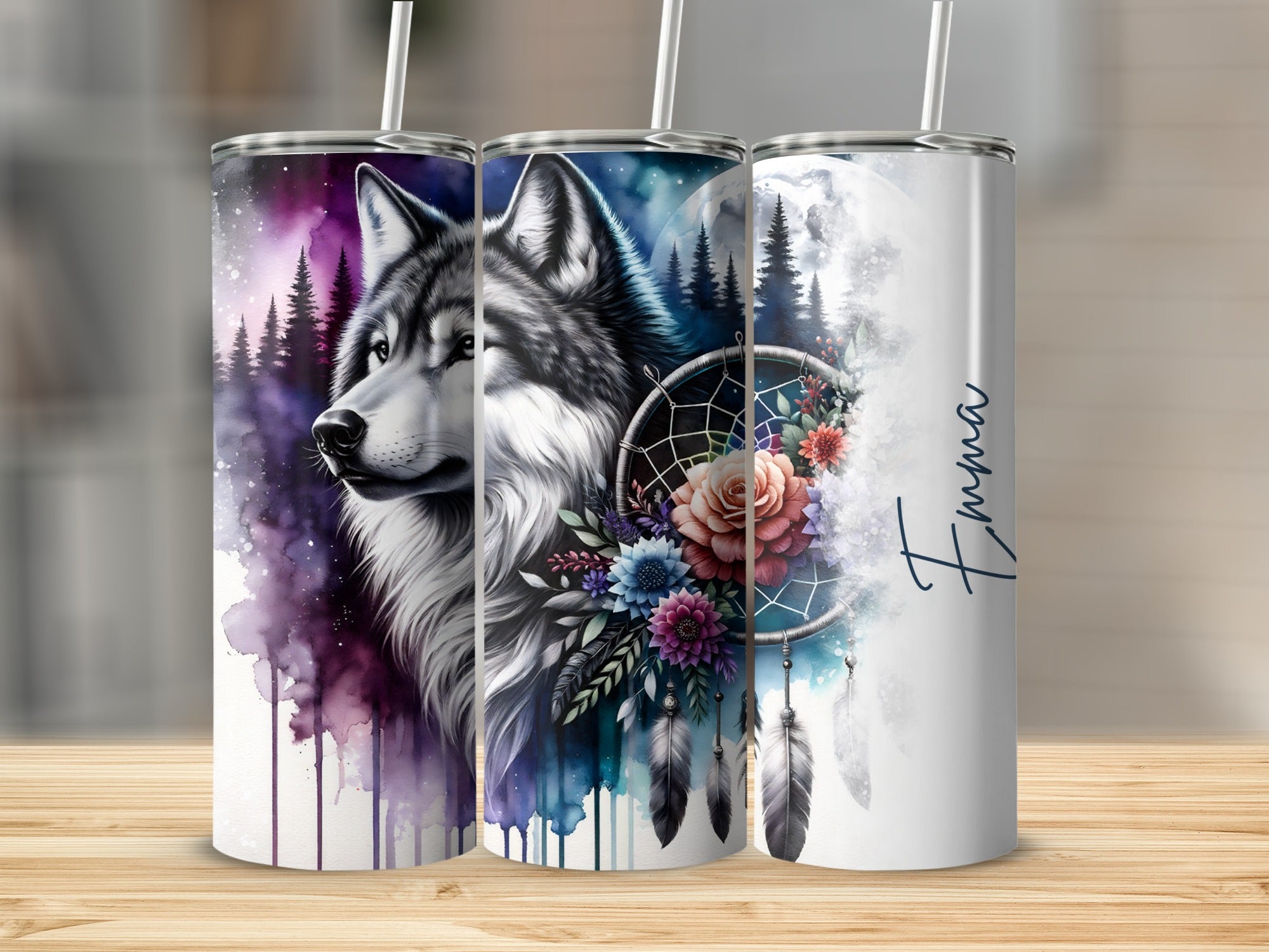 Wolf and dreamcatcher on tumblers with floral accents and moon.